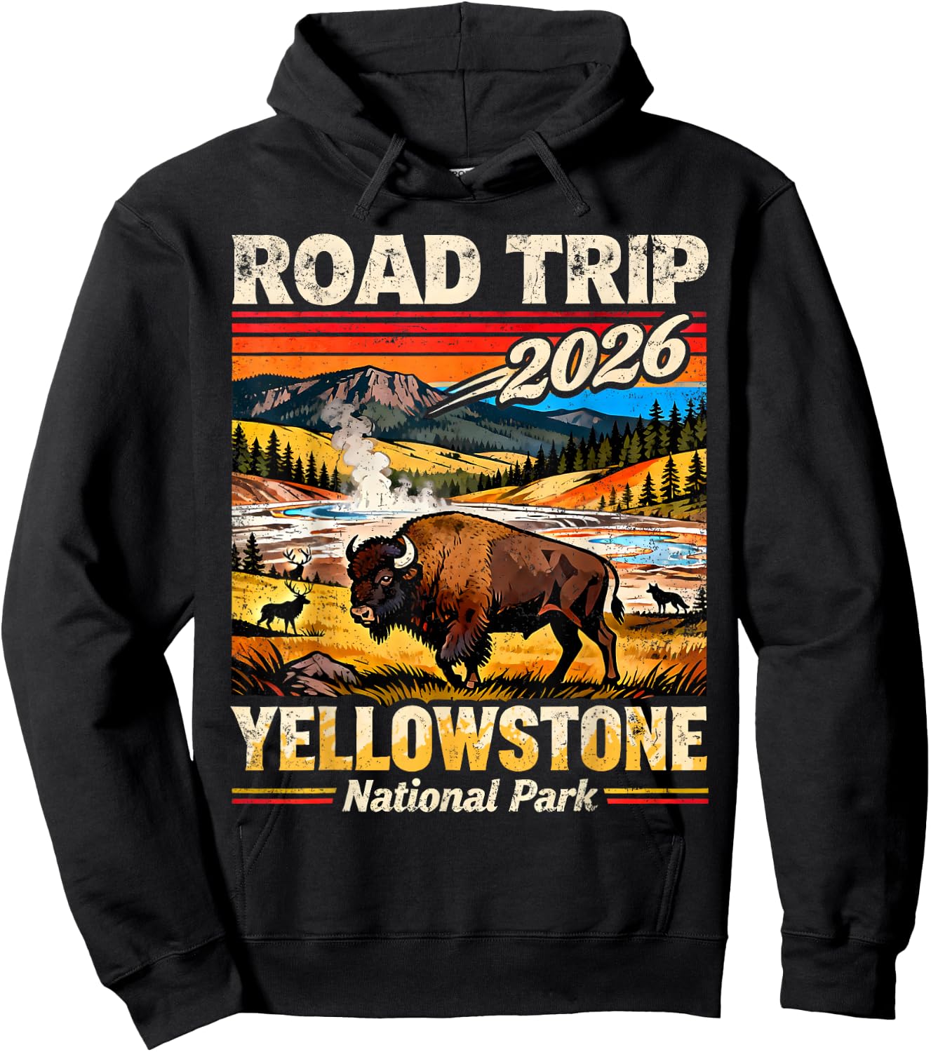Retro Road Trip 2026 Yellowstone National Park Vacation Hoodie - Hoodie | Black