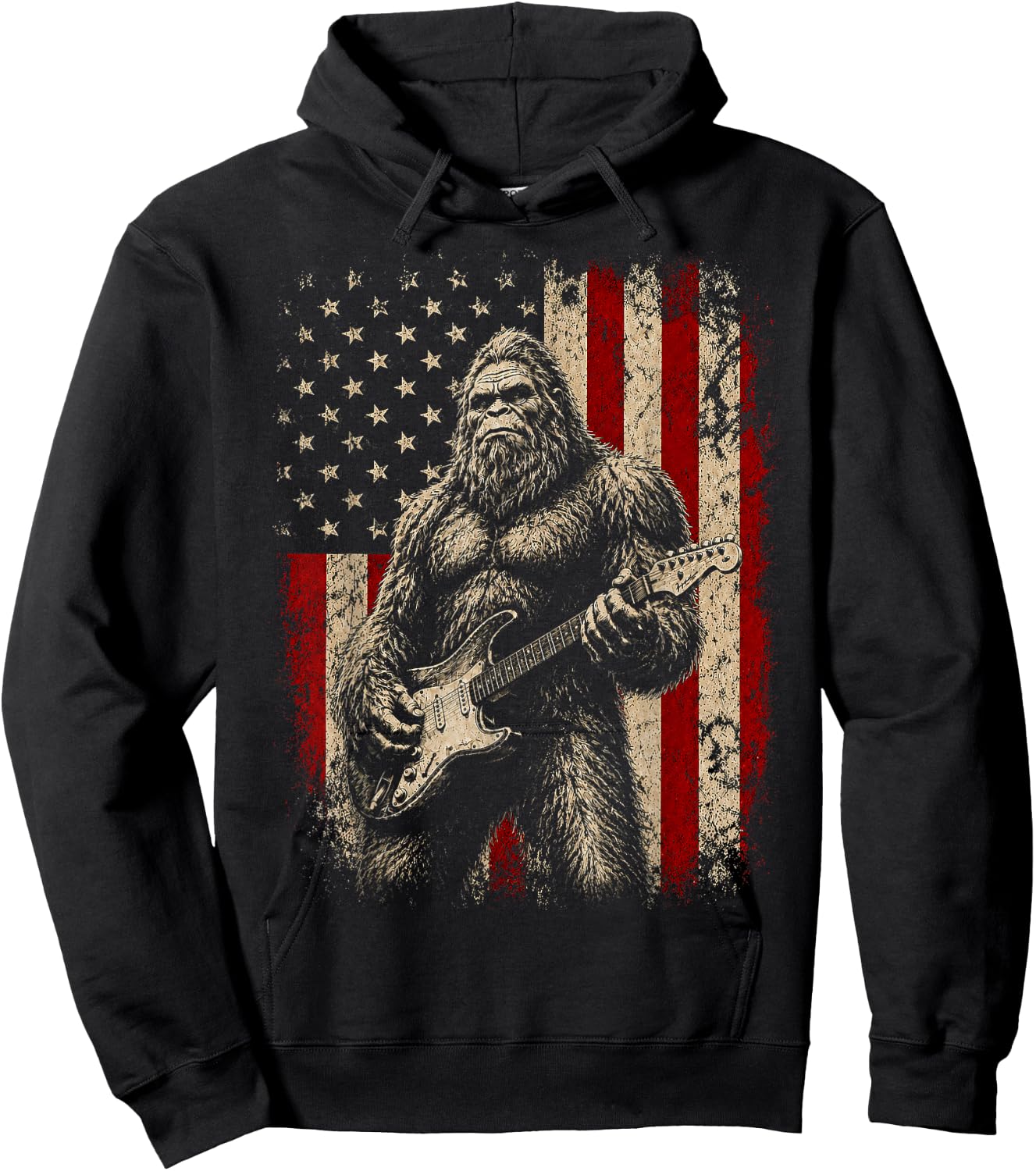 Bigfoot Sasquatch Playing Guitar 4th July American USA Flag Hoodie - Hoodie | Black