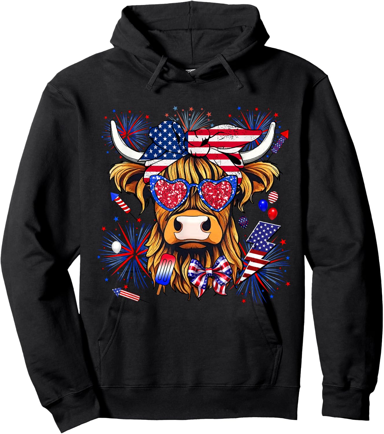 Cow, Scottish Highland Cow, Highland Cow, 4th of July Hoodie - Hoodie | Black