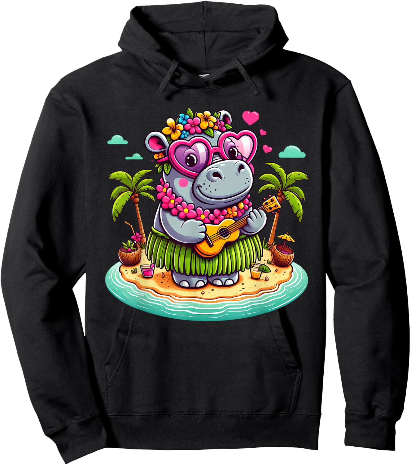 Funny Hippo Hawaiian Costume Kids Summer Vacation Hippo Hoodie - Hoodie | Black