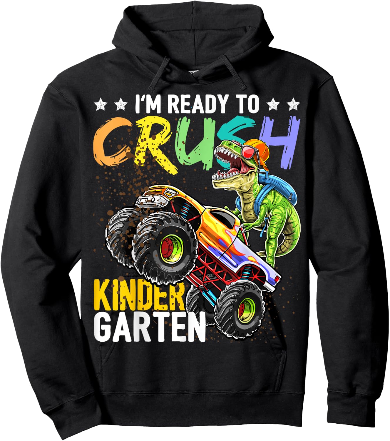 Kindergarten Dinosaur Monster Truck Back to School Boys Gift Hoodie - Hoodie | Black