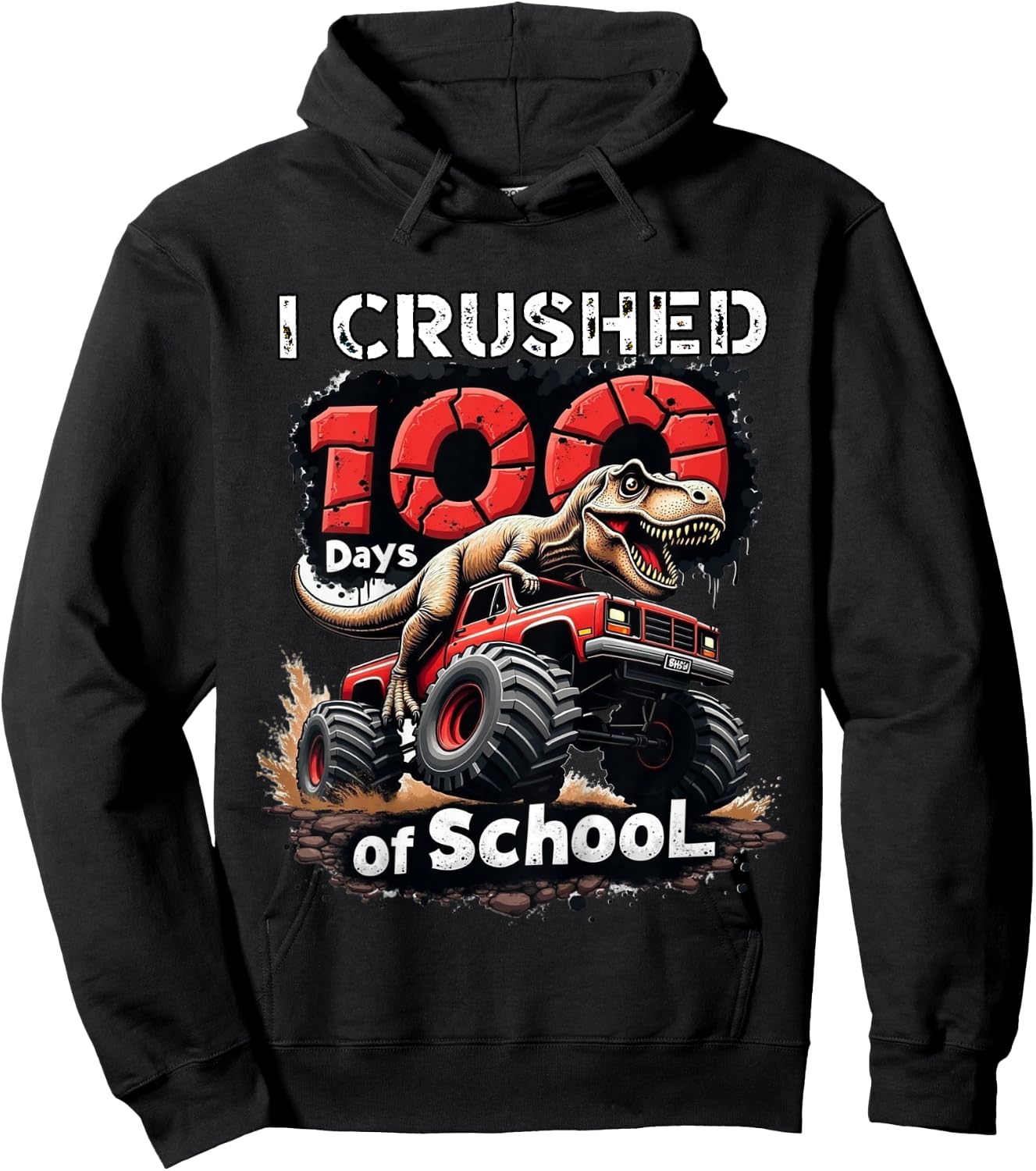 Kids I Crushed 100 Days of School Dinosaur Monster Truck Boy Hoodie - Hoodie | Black