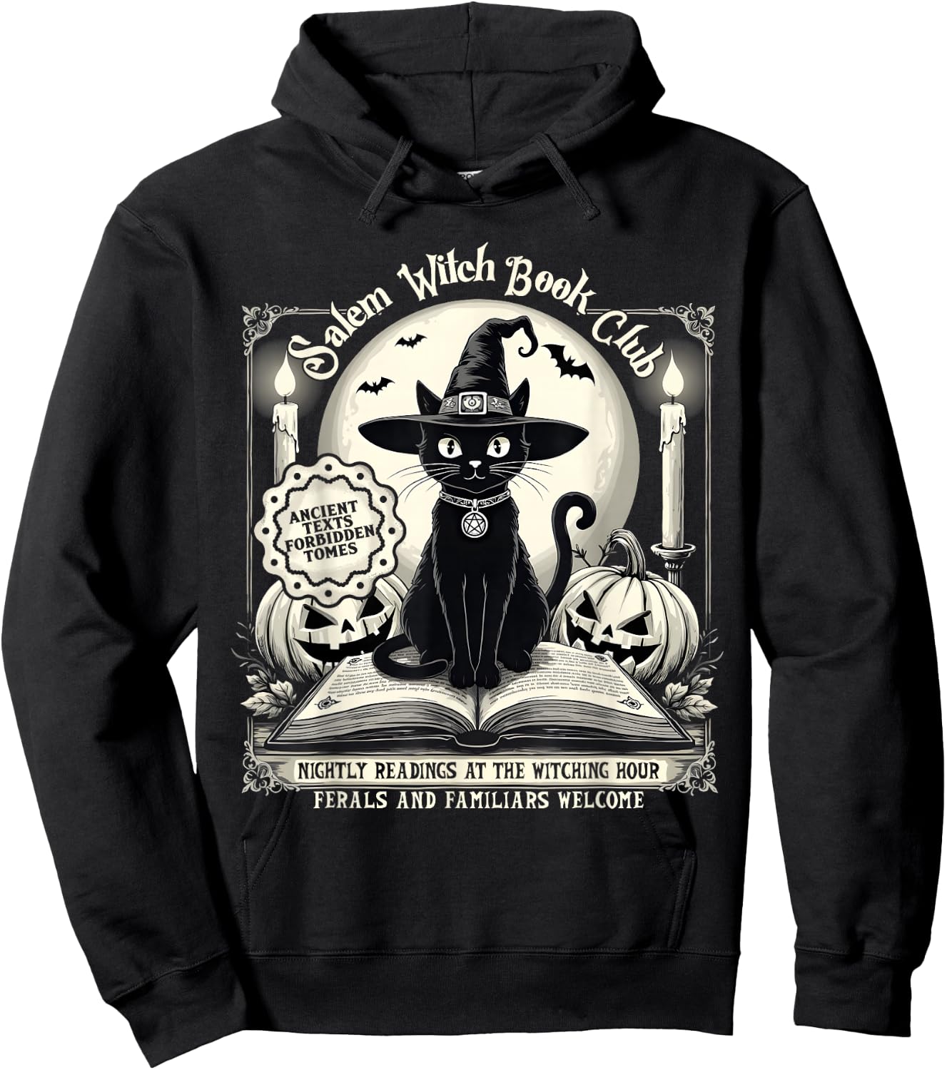 Salem Witch Book Club Vintage Halloween Cat Noir Book Lover Hoodie - Hoodie | Black