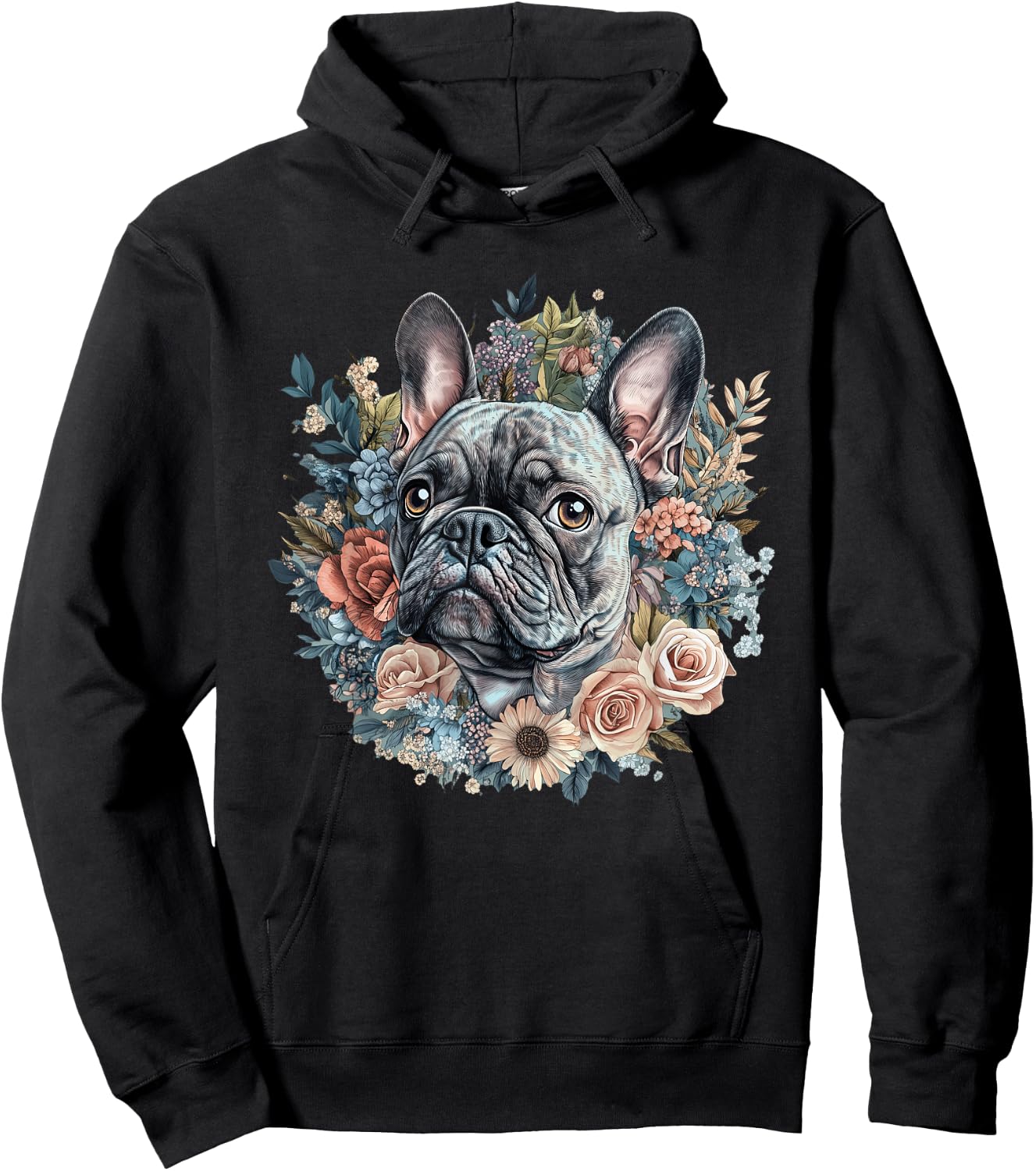 Cute French Bulldog Floral Flowers Dog Lover Gift Women Girl Hoodie - Hoodie | Black