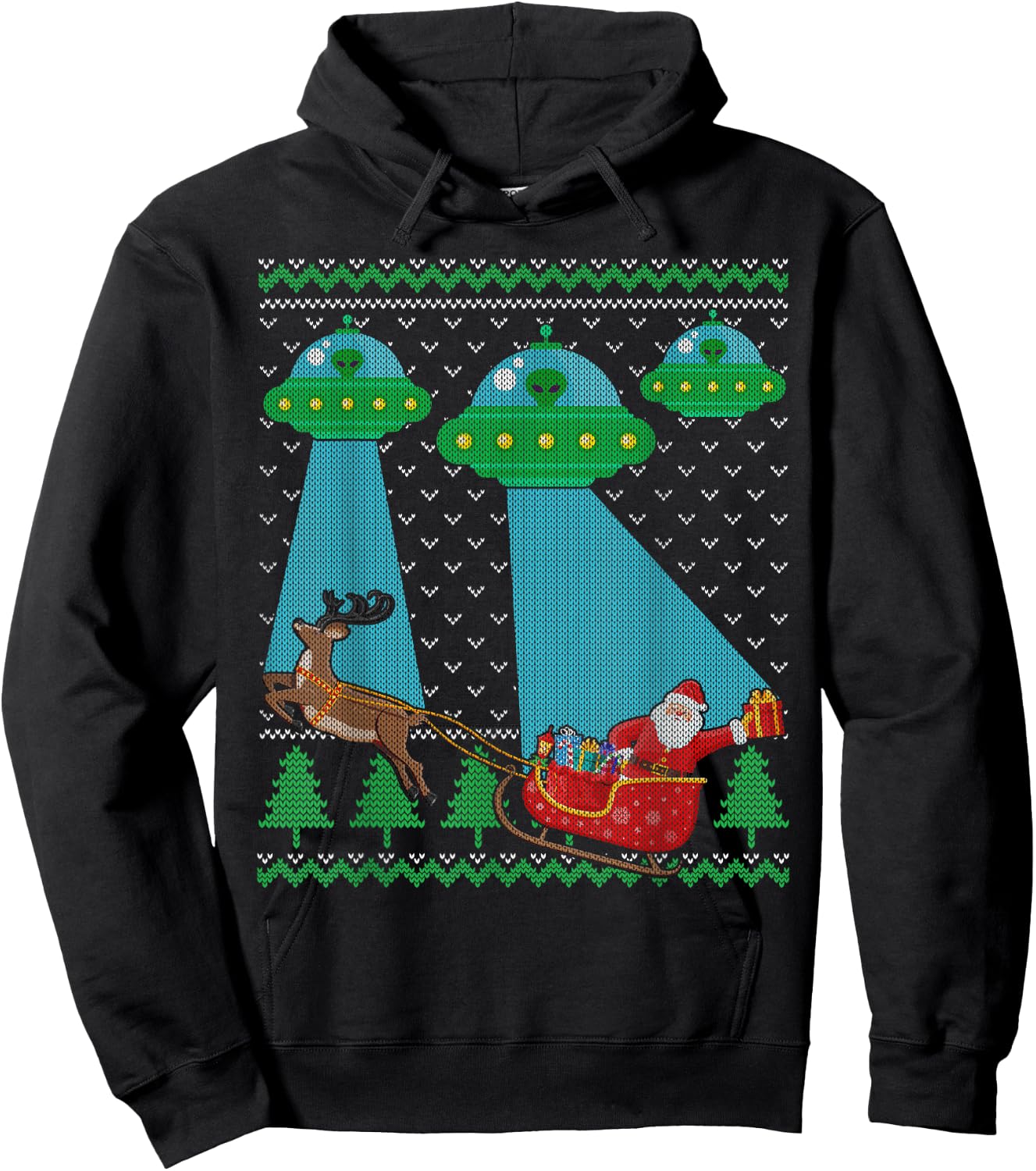 Funny Alien UFO Santa Sleigh Ugly Christmas Sweater Xmas PJS Hoodie - Hoodie | Black