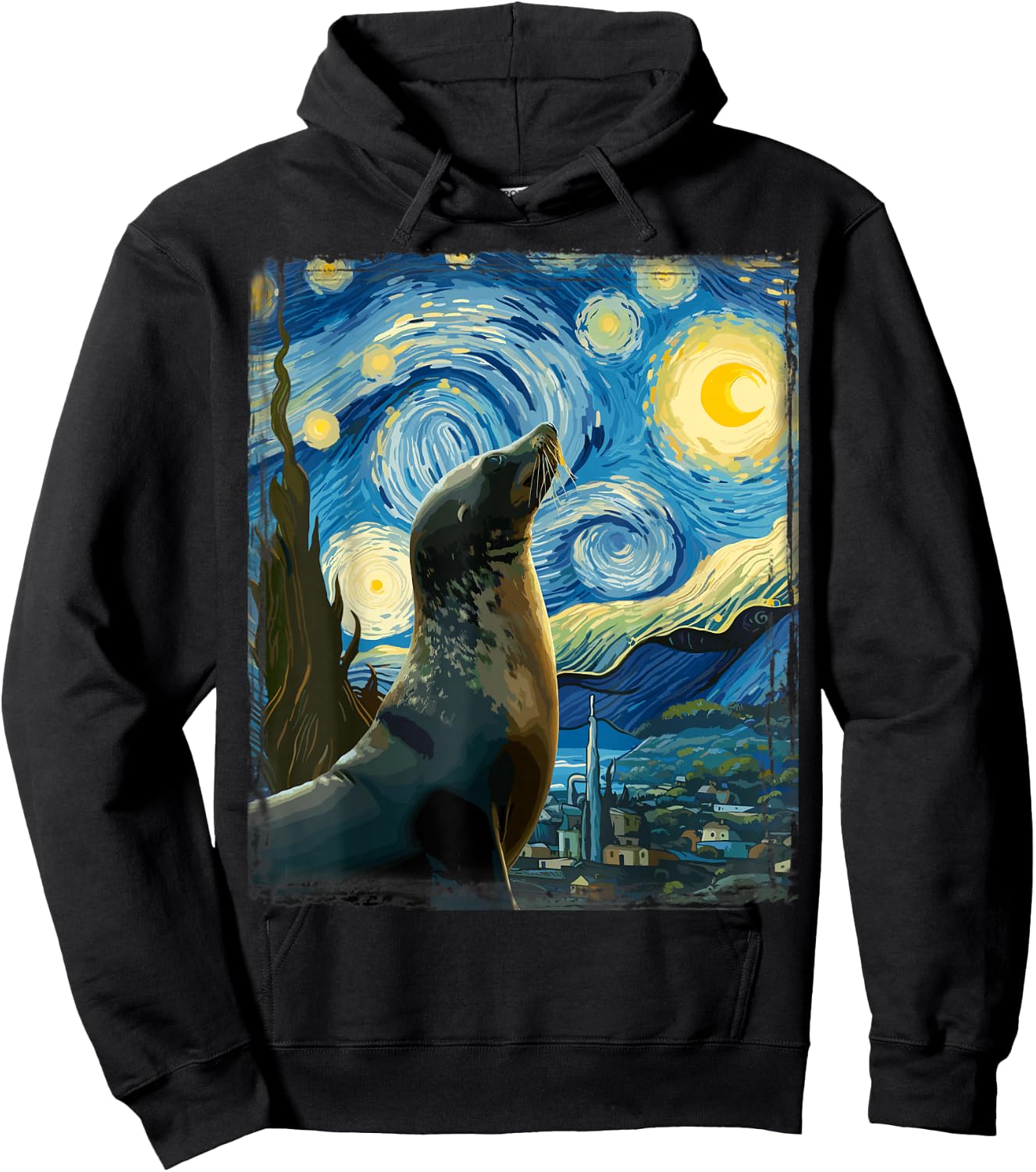 Van Gogh Style Starry Night Seal Hoodie - Hoodie | Black