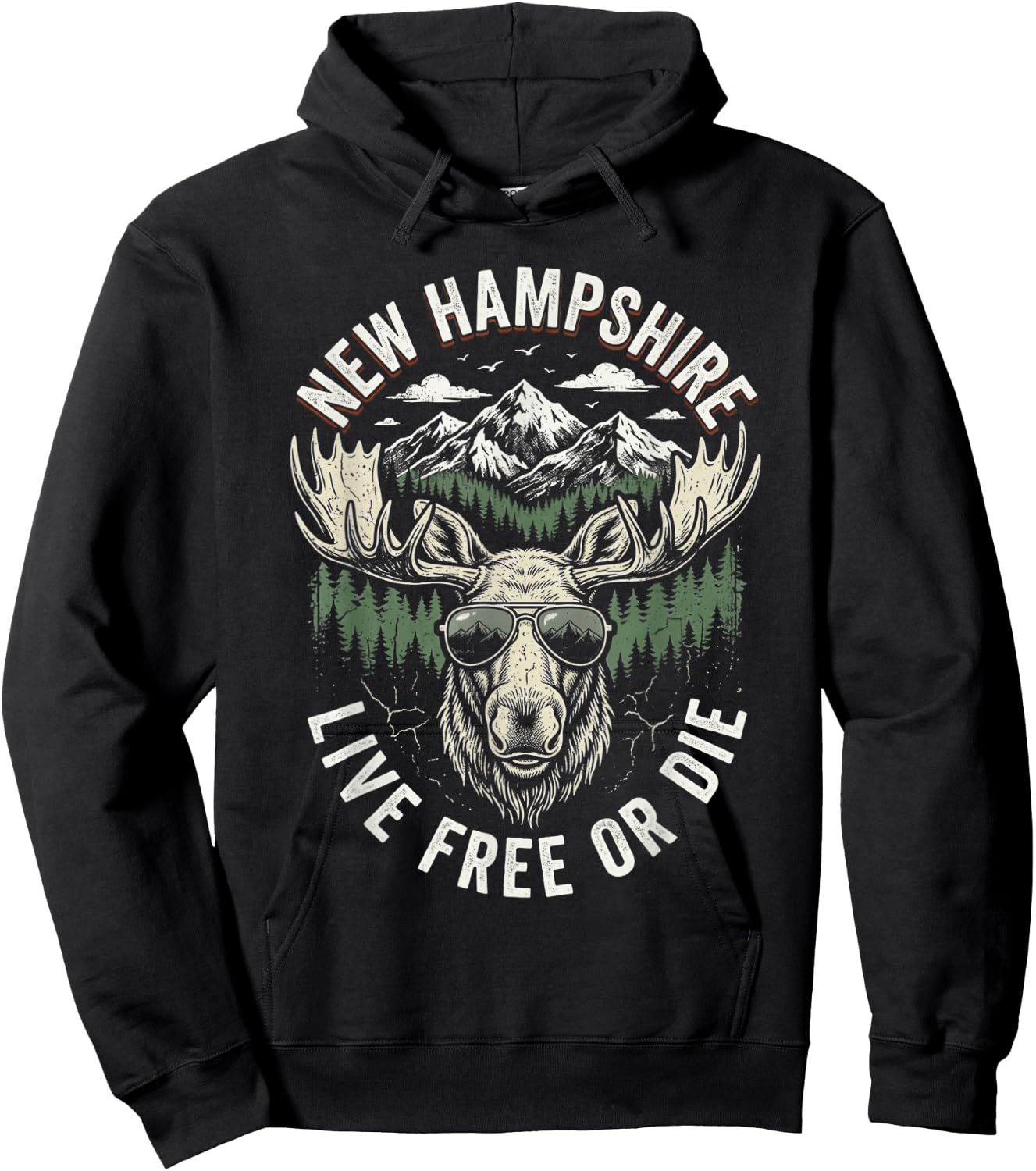 New Hampshire Live Free Or Die Moose Vintage Souvenir Hoodie - Hoodie | Black