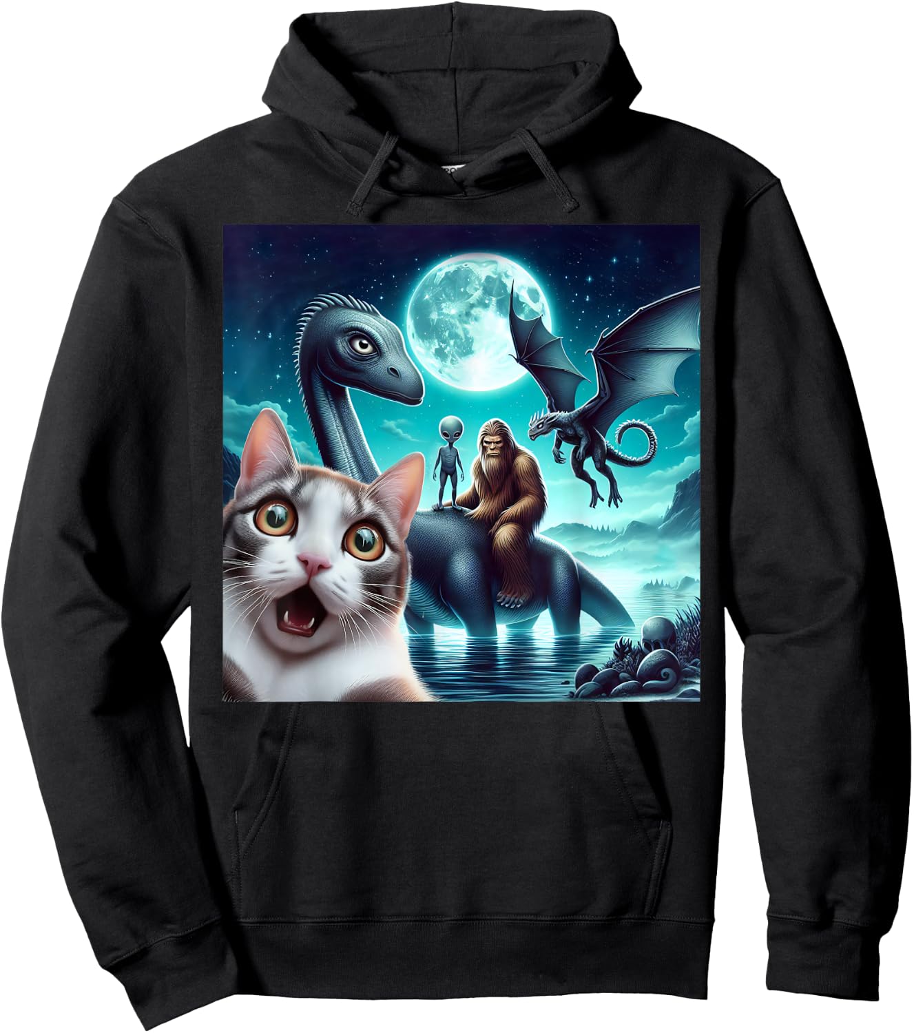 Cat Selfie with bigfoot alien UFO loch Ness monster dragon Hoodie - Hoodie | Black