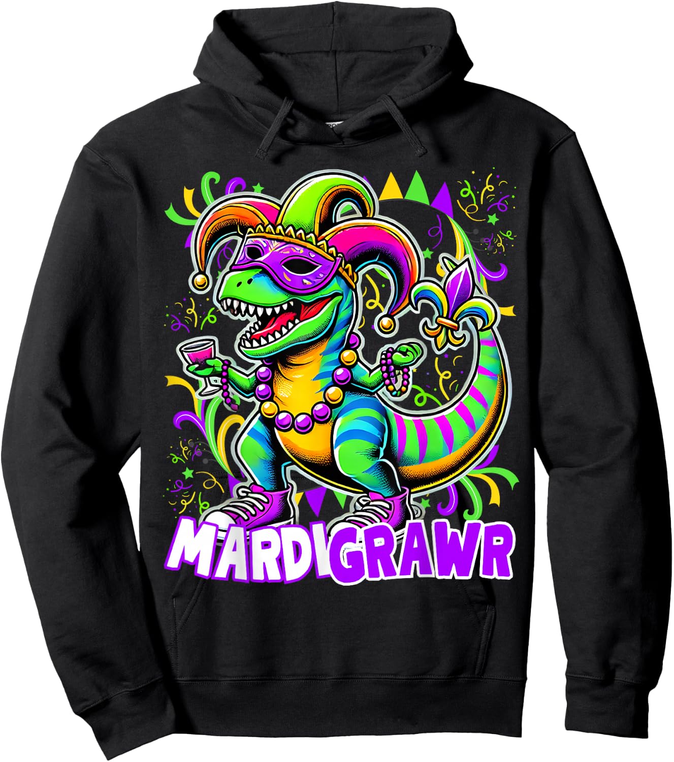 Mardi Gras T Rex Dinosaur Mardi Grawr Bead Costume Boys Kids Hoodie - Hoodie | Black