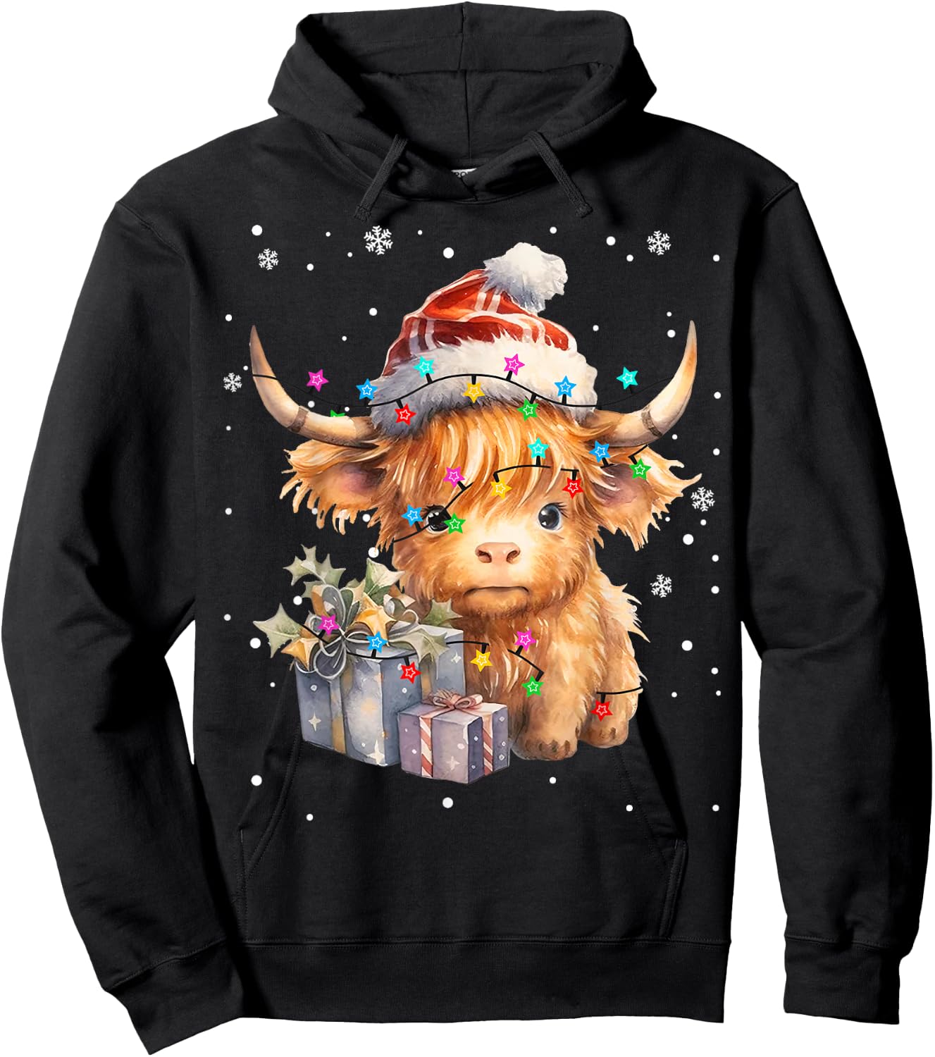 Cute Highland Cow Christmas Lights Merry Xmas Cows Farmer PJ Hoodie - Hoodie | Black