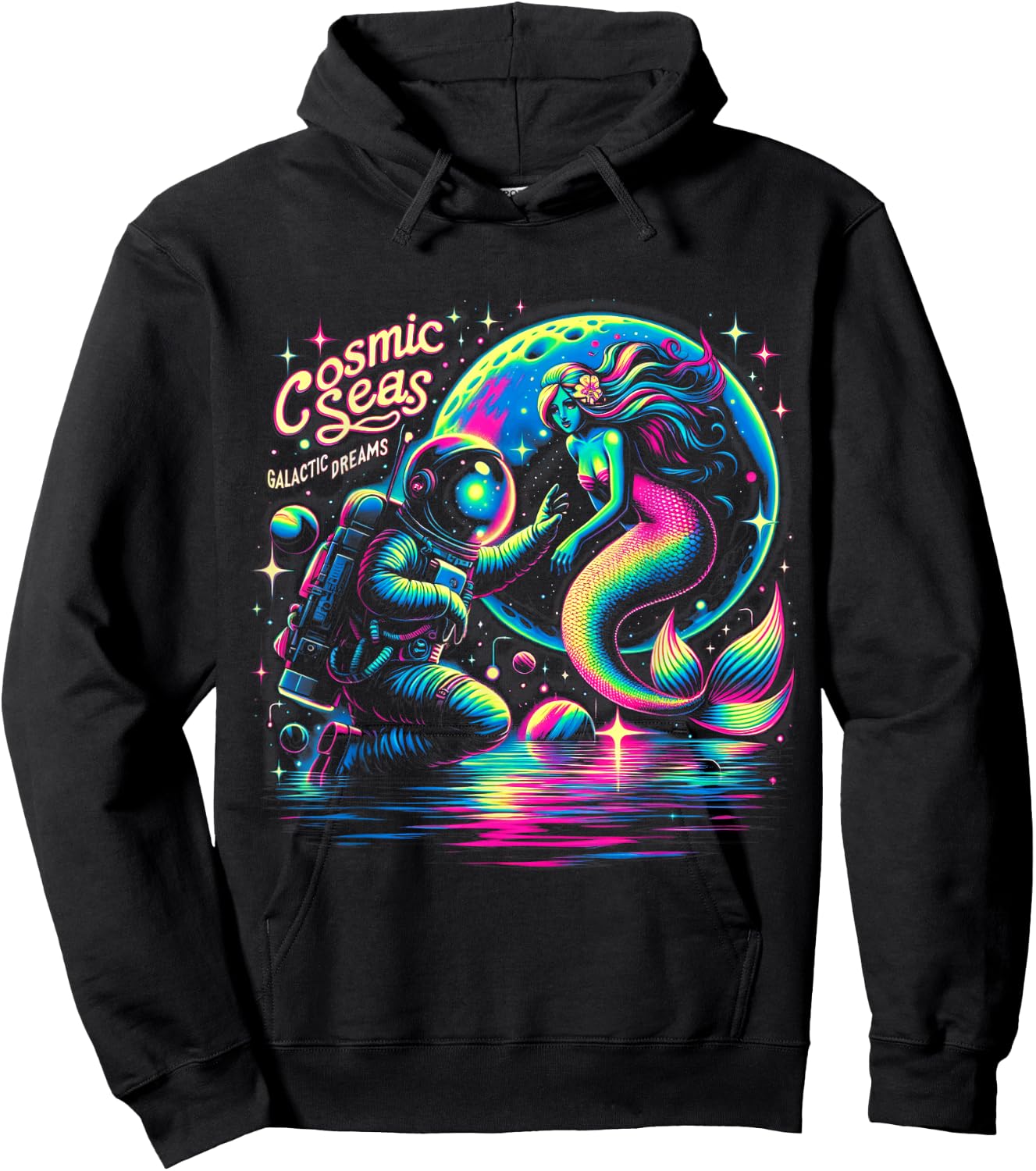 Cosmic Encounter - Astronaut Meets Space Mermaid Psychedelic Hoodie - Hoodie | Black