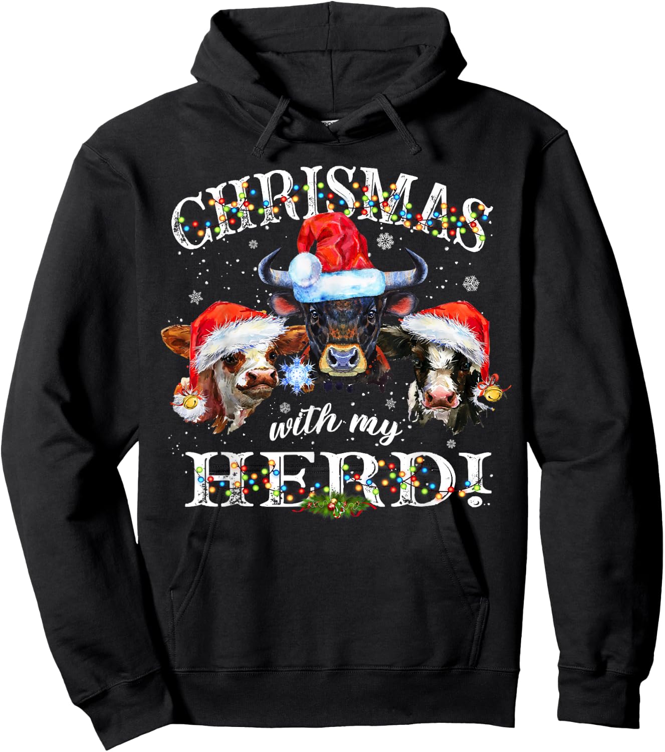 Christmas With My Herd Matching Holiday Cows Farmer Pajama Hoodie - Hoodie | Black