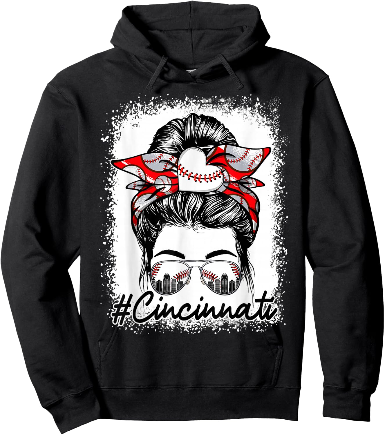 Messy Bun Women Baseball Lover Graphic Funny Cincinnati Hoodie - Hoodie | Black