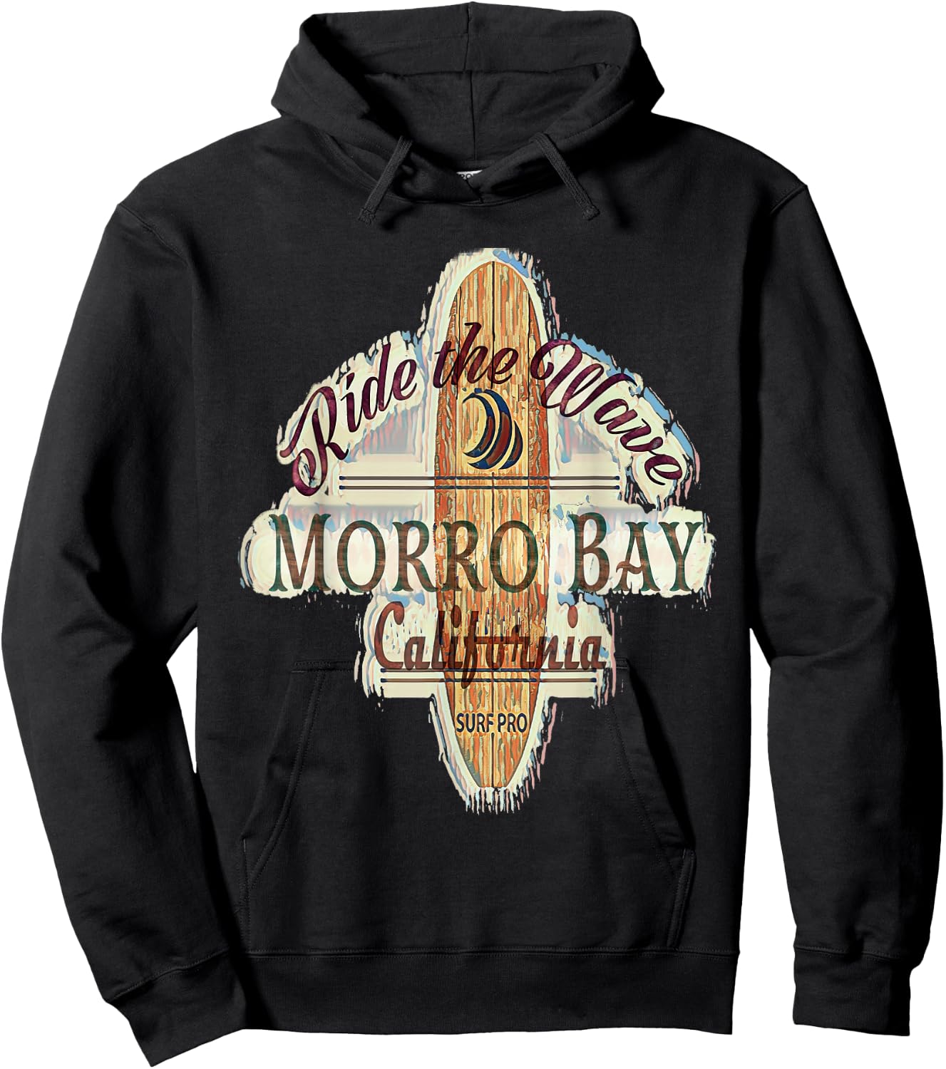 Surfing, Surfboard, Distressed Longboard Morrow Bay Hoodie - Hoodie | Black