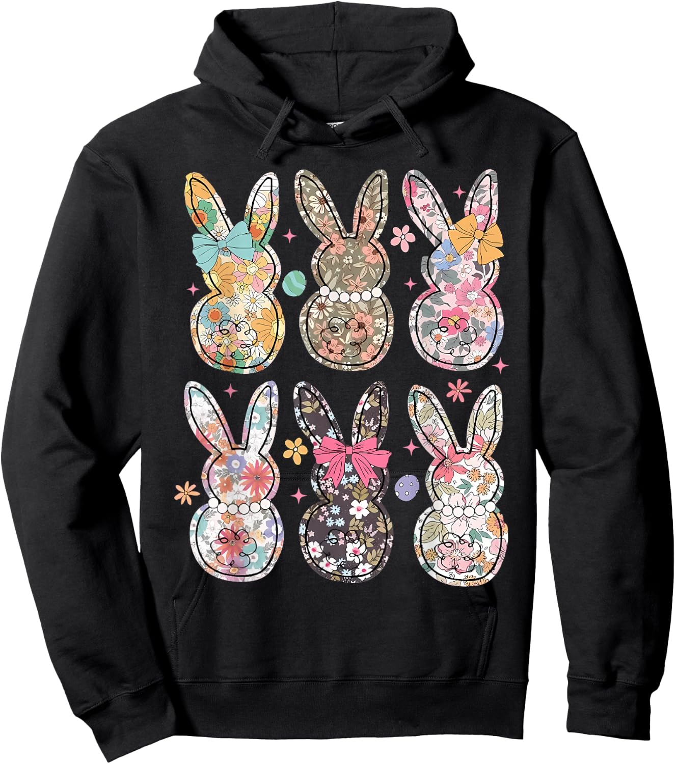 Easter Chinoiserie Floral Bunny With Cute Bow Coquette Hoodie - Hoodie | Black