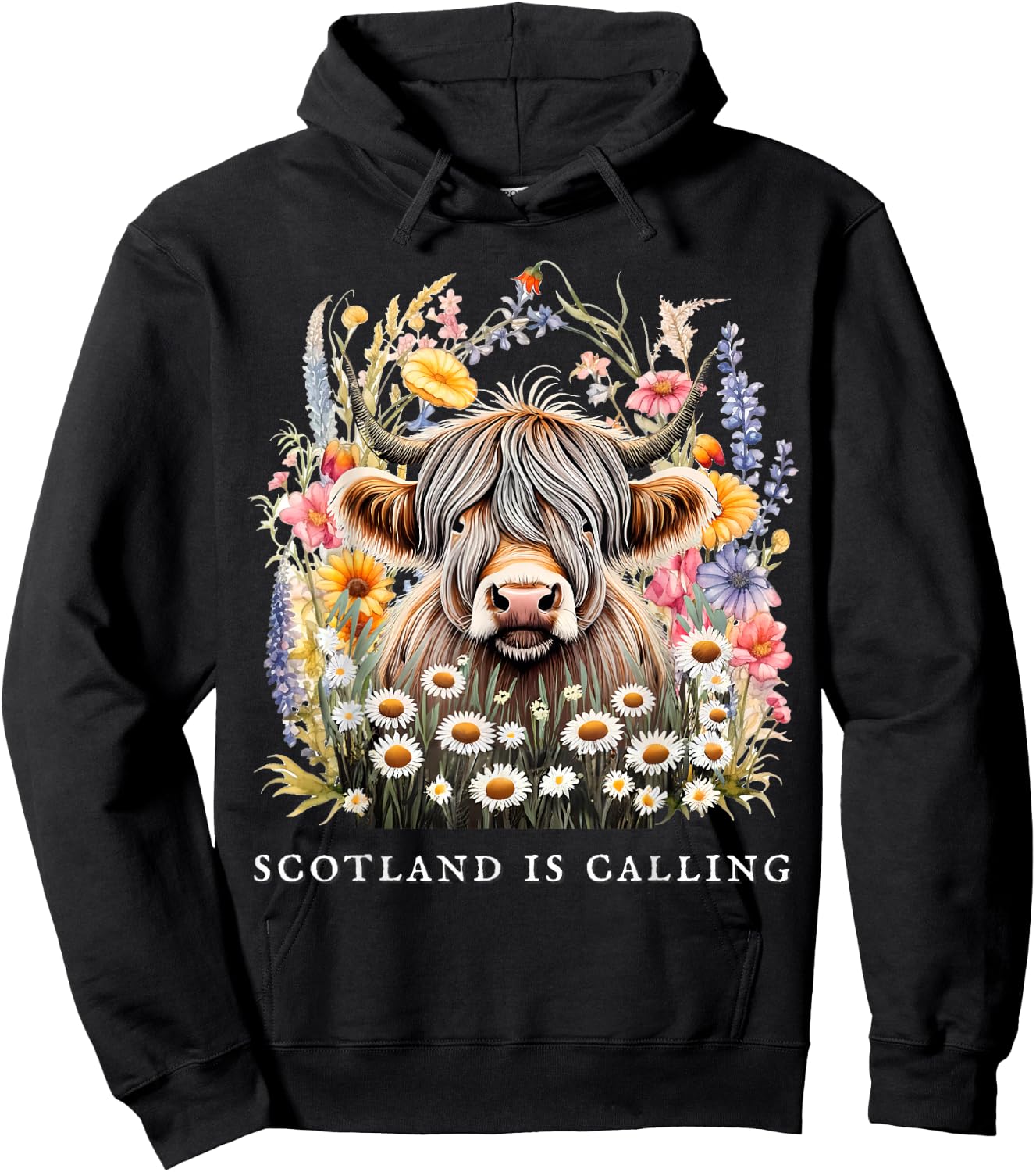Scotland Is Calling Highland Cow flowers Scottish Vacation Hoodie - Hoodie | Black