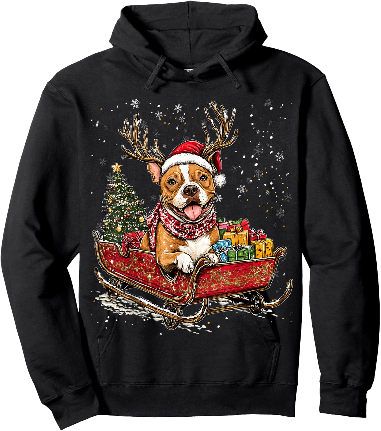 Santa Pitbull reindeer Light Christmas Hoodie - Hoodie | Black