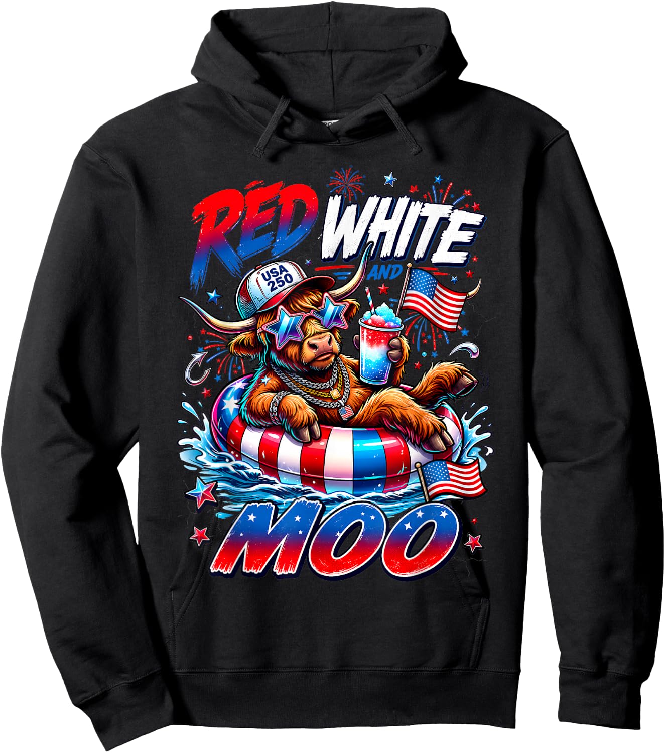 Red White and Moo Highland Cow 4th July 250 Years Patriotic Hoodie - Hoodie | Black