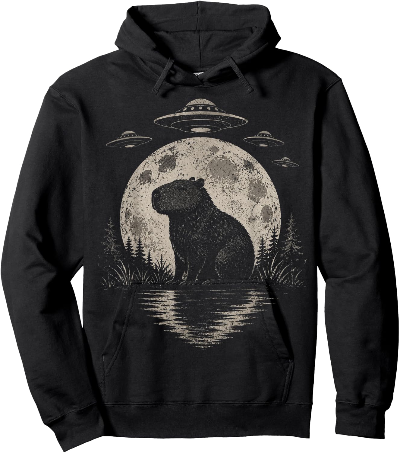 Funny Capybara Moon Alien UFO Evidence Photo Vintage Hoodie - Hoodie | Black