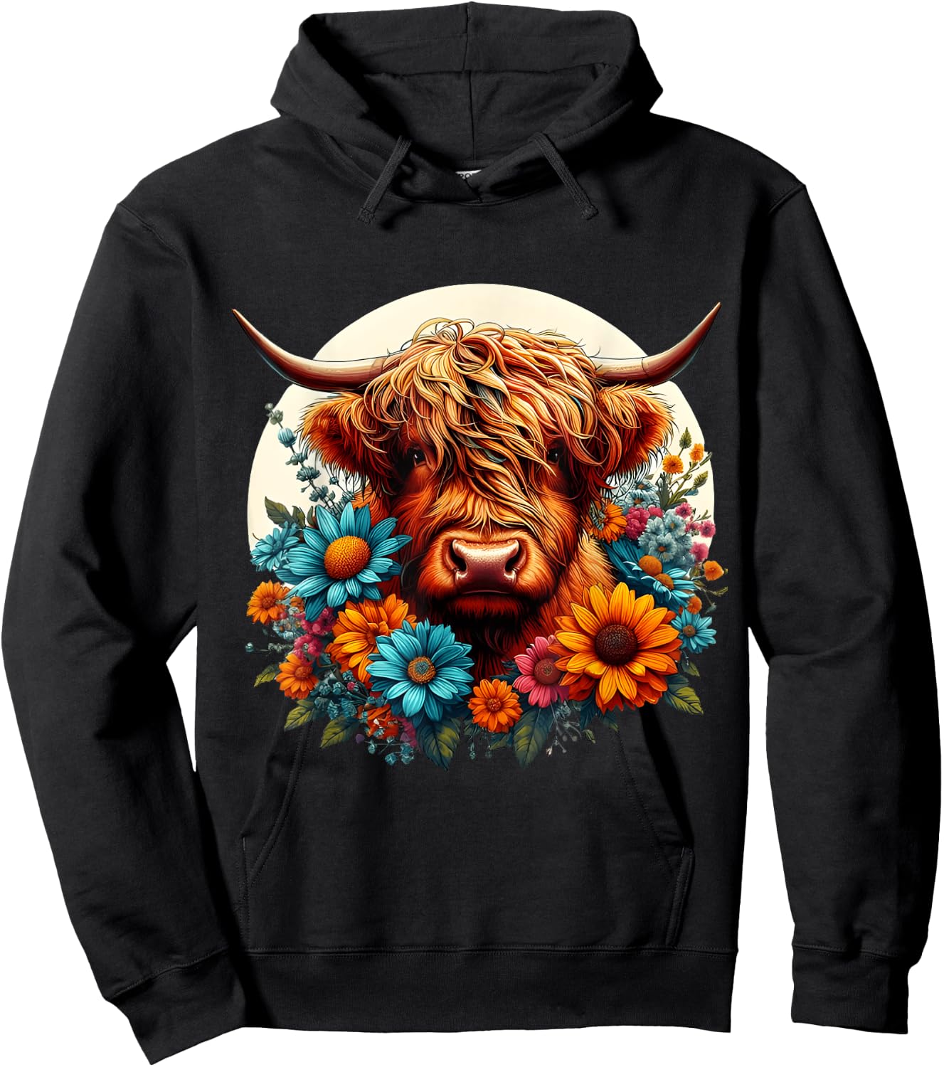 Scottish Cute Highland Cow Cattle Hairy Cow Flowers Colorful Hoodie - Hoodie | Black