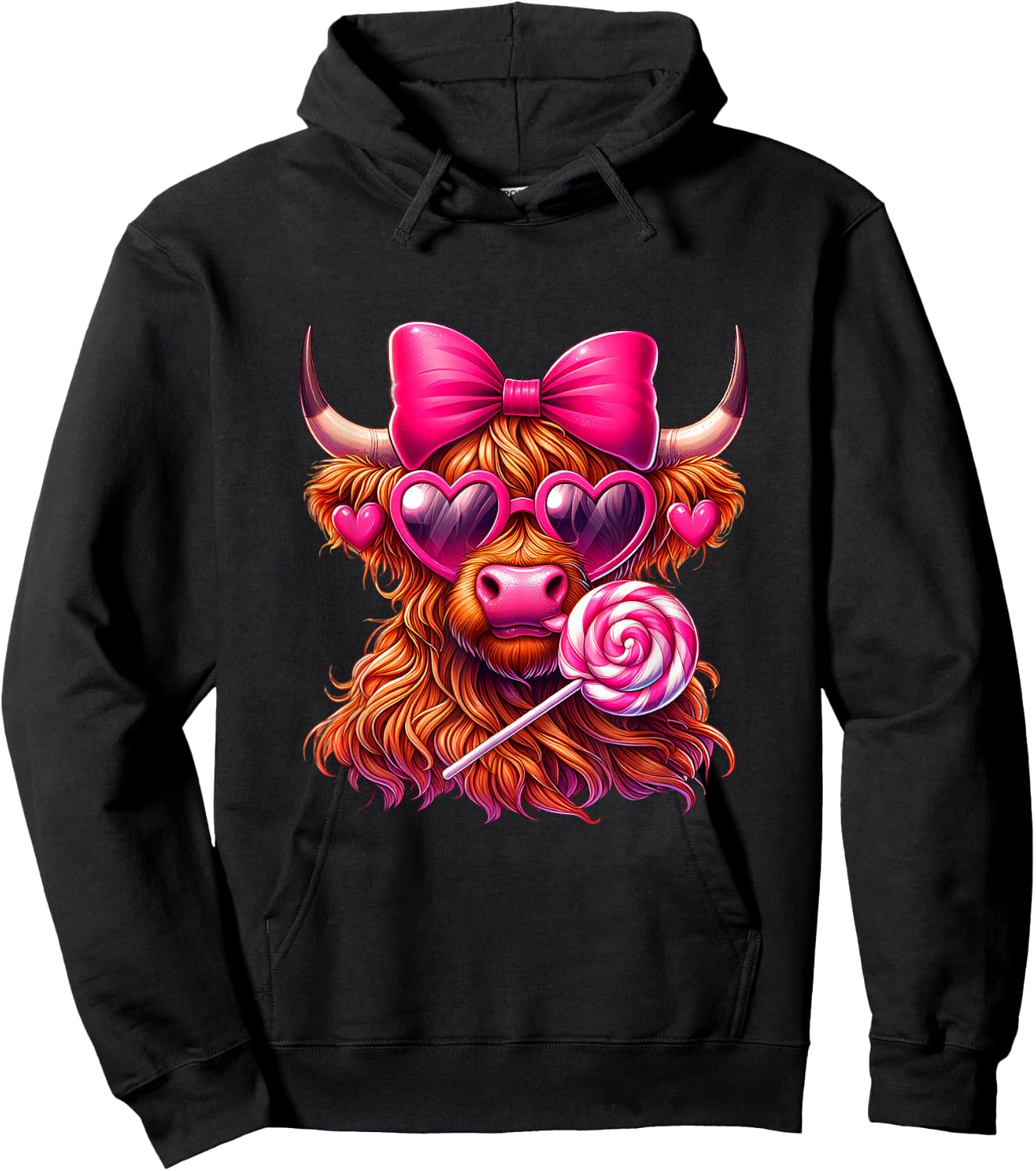 Valentines Highland Cow coquette bow Heart Glasses Lollipop Hoodie - Hoodie | Black
