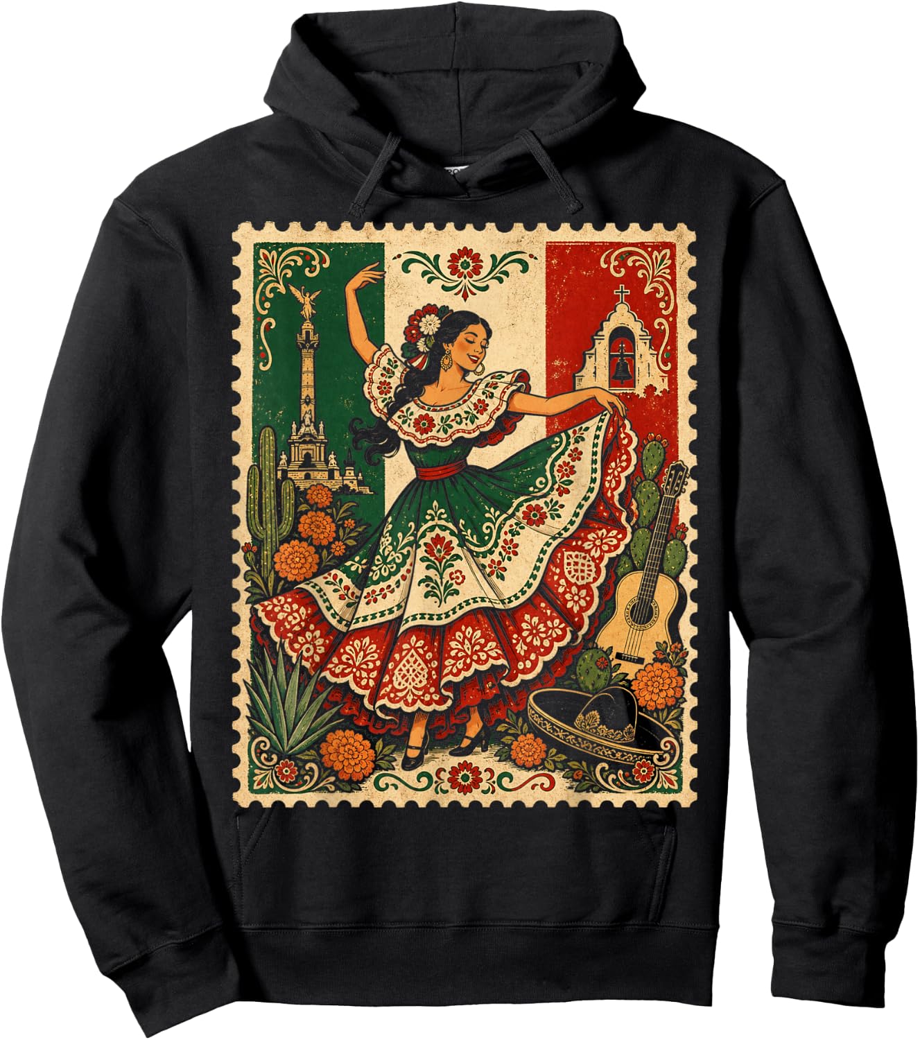 Mexican Folk Dance Baile Folklorico Vintage Stamp Art Hoodie - Hoodie | Black