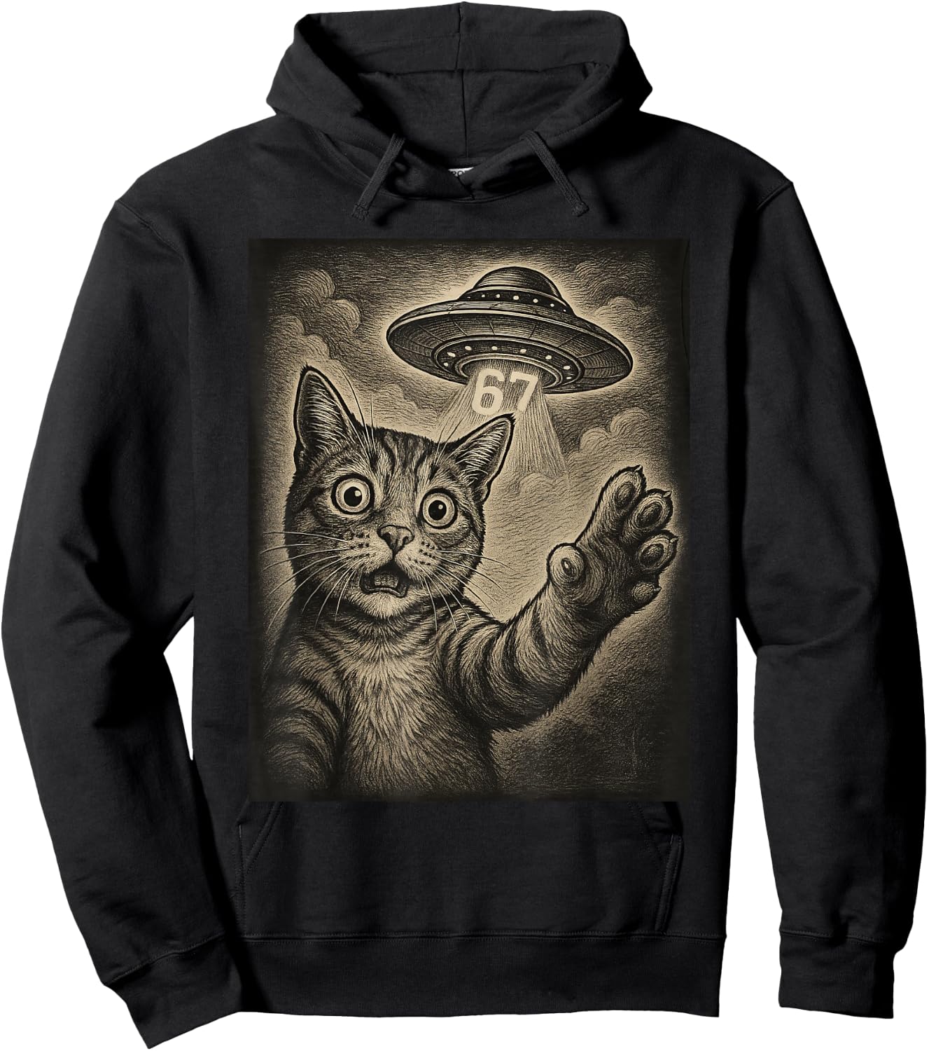 Cat Selfie 67 Meme Six Seven Funny UFO Hoodie - Hoodie | Black