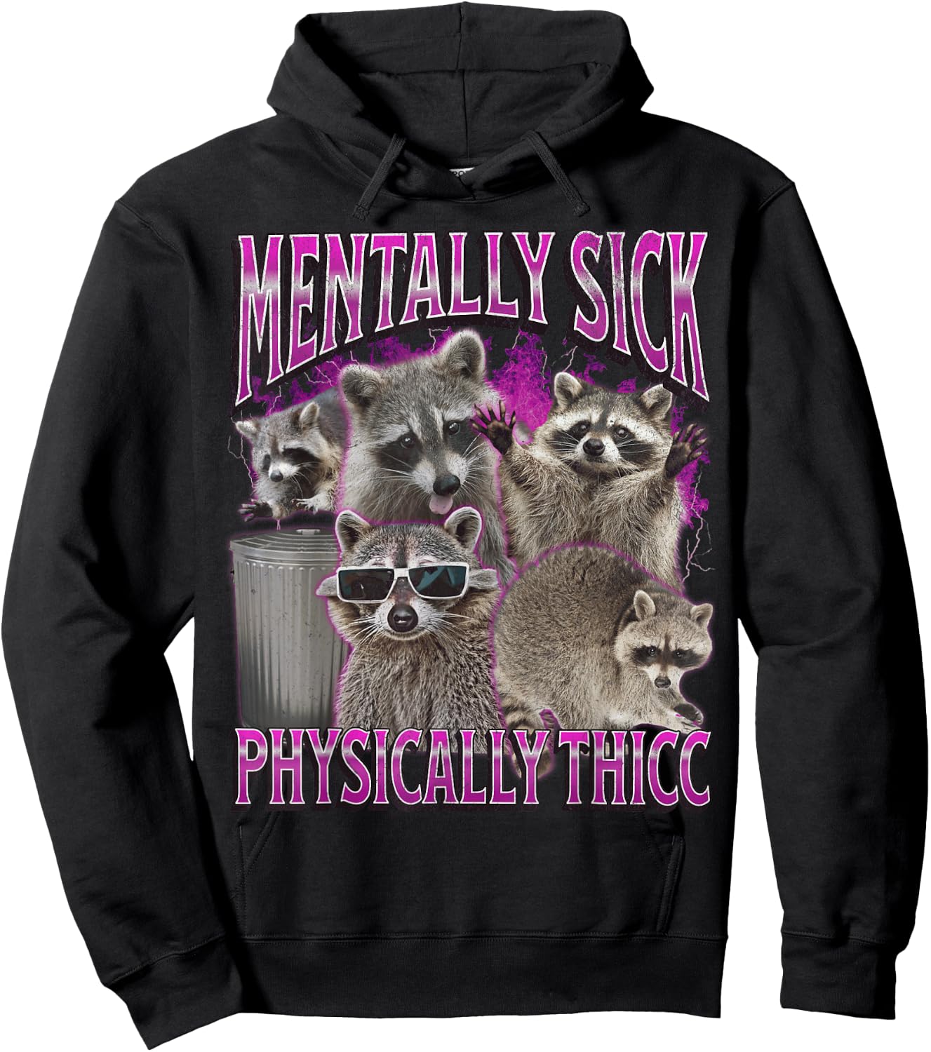 Physically Thicc Funny Raccoon Meme Bootleg Graphic 90s Hoodie - Hoodie | Black