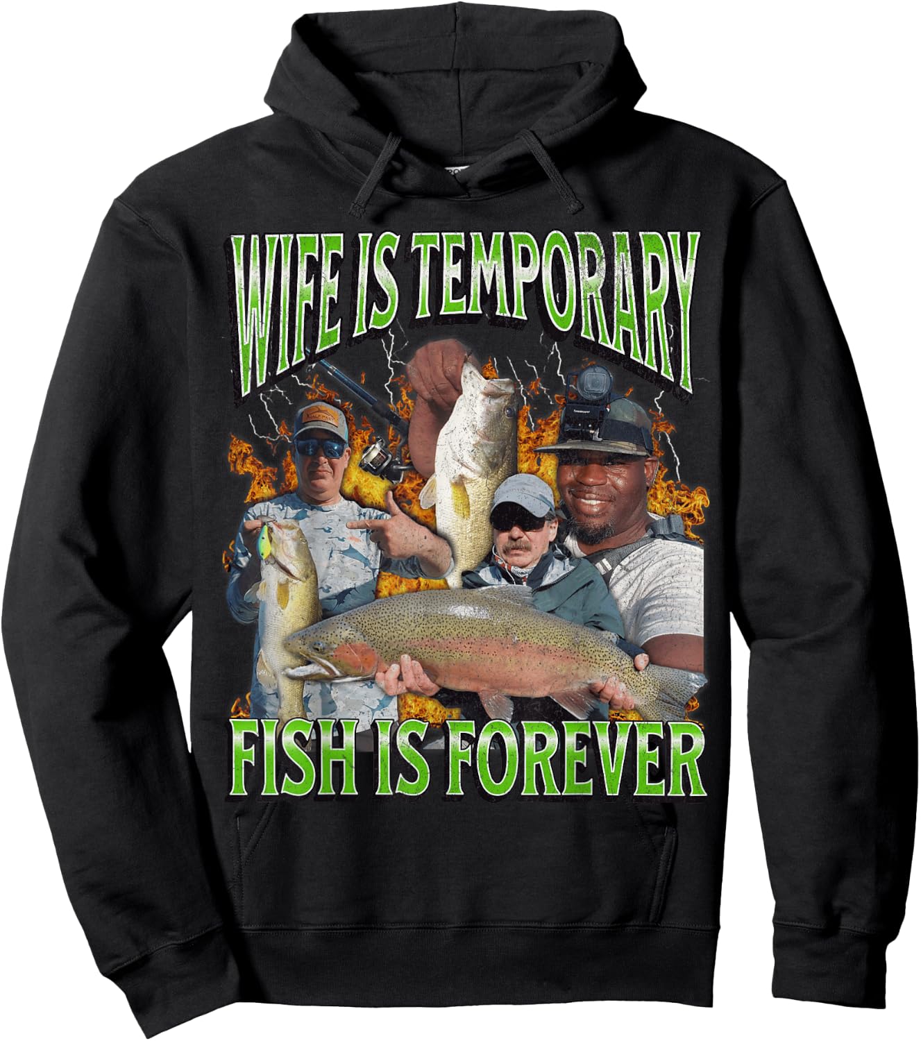 Wife Is Temporary Fish Is Forever Funny Fishing Meme Bootleg , Black, S Hoodie - Hoodie | Black