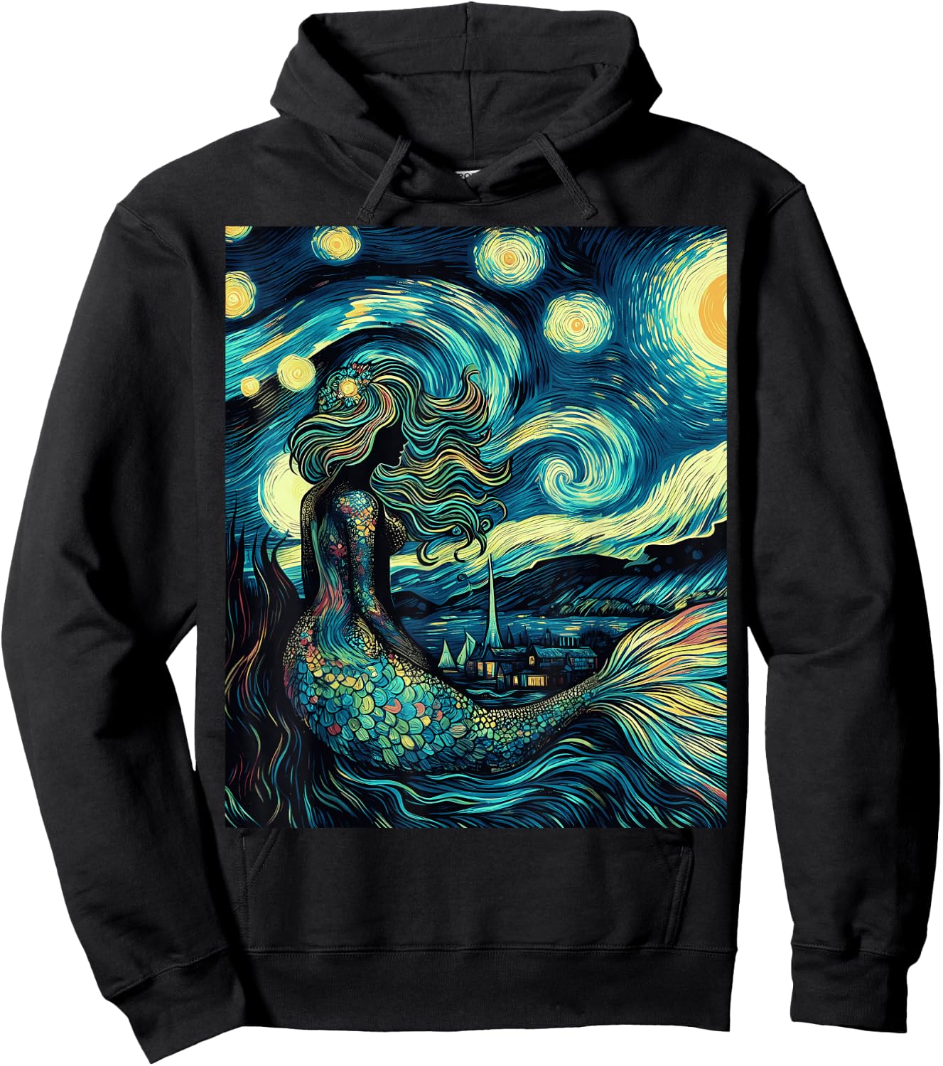 Mermaid Under Starry Night Sky Art Graphic Christmas Hoodie - Hoodie | Black