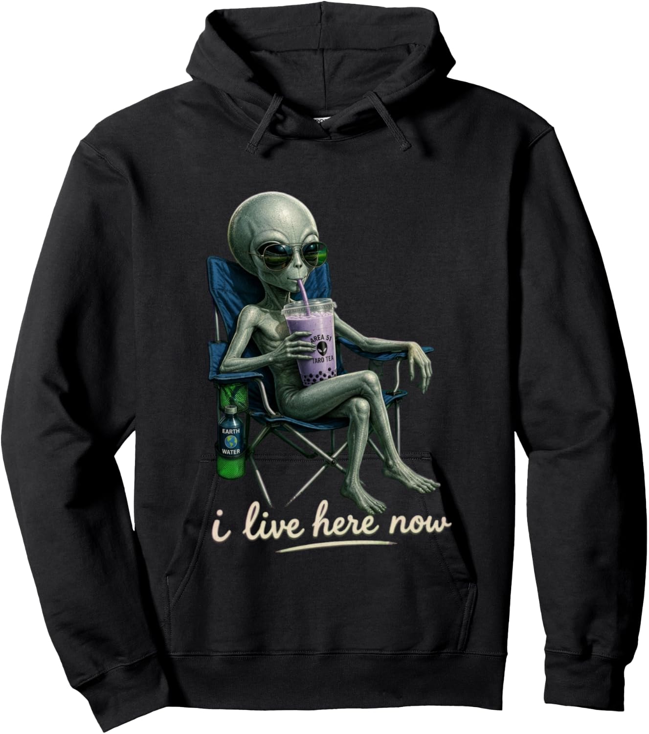 Design Amusant avec Inscription « I Live Here » - Motif Extraterrestre - Violet Manche Longue Hoodie - Hoodie | Black