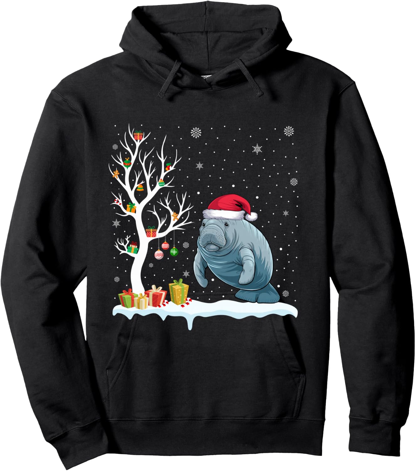 Manatee Santa Hat Festive Tree Light Christmas Pajama Hoodie - Hoodie | Black