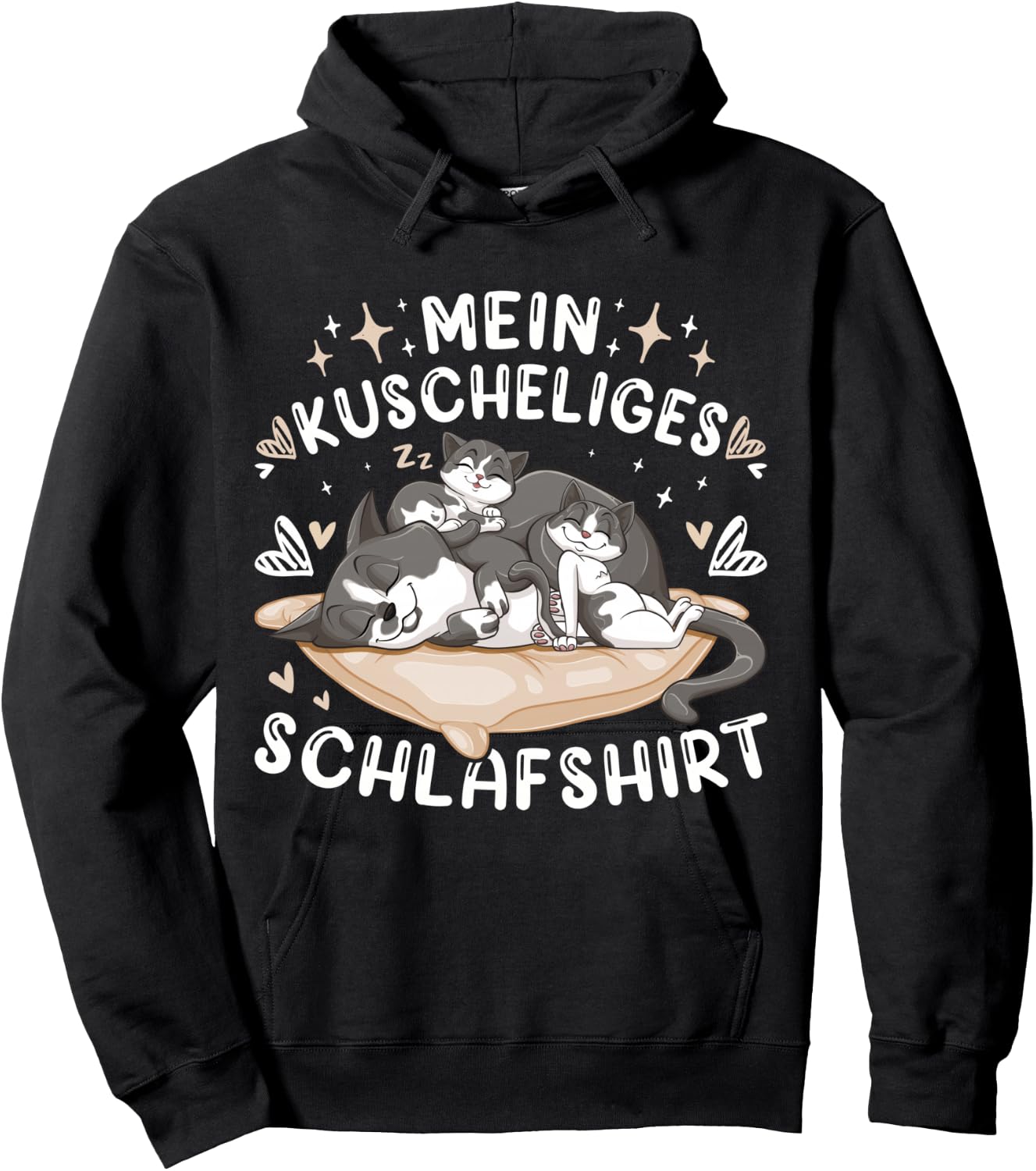 Mein Kuscheliges Schlafshirt, Hauskatze mit 2 Kitten, Shirt, black Hoodie - Hoodie | Black
