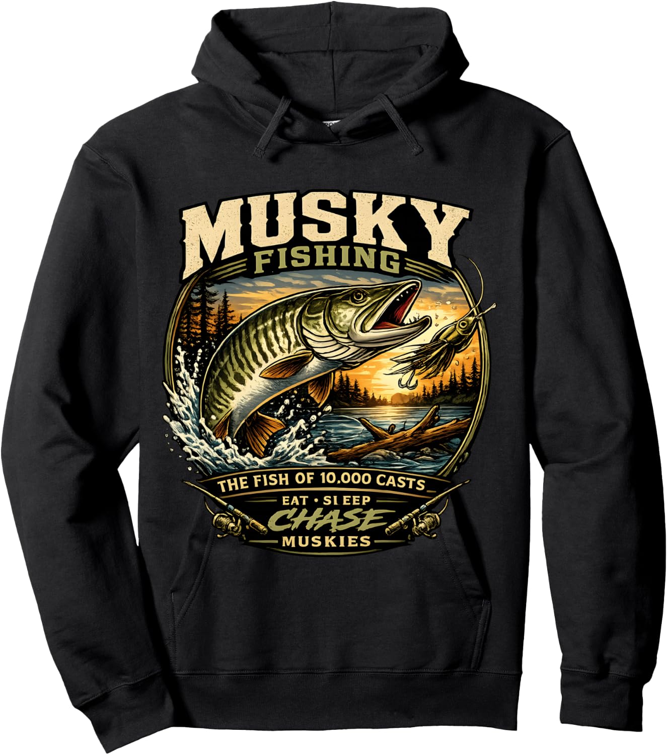 Musky Fishing - The Fish of 10000 Casts Eat Sleep Muskies Hoodie - Hoodie | Black