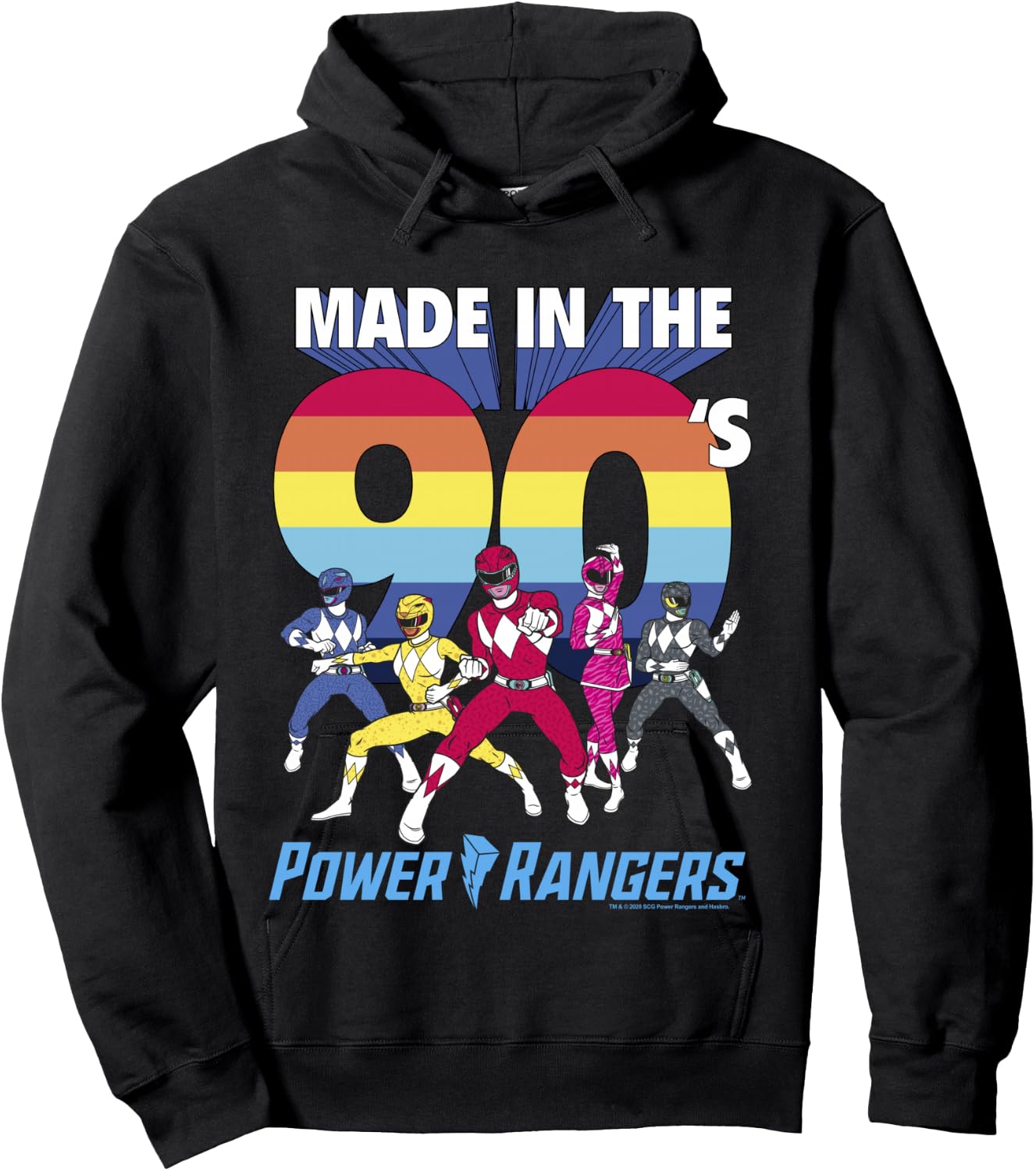 Power Rangers Made In The 90's Retro Rainbow Stripe Logo Hoodie - Hoodie | Black