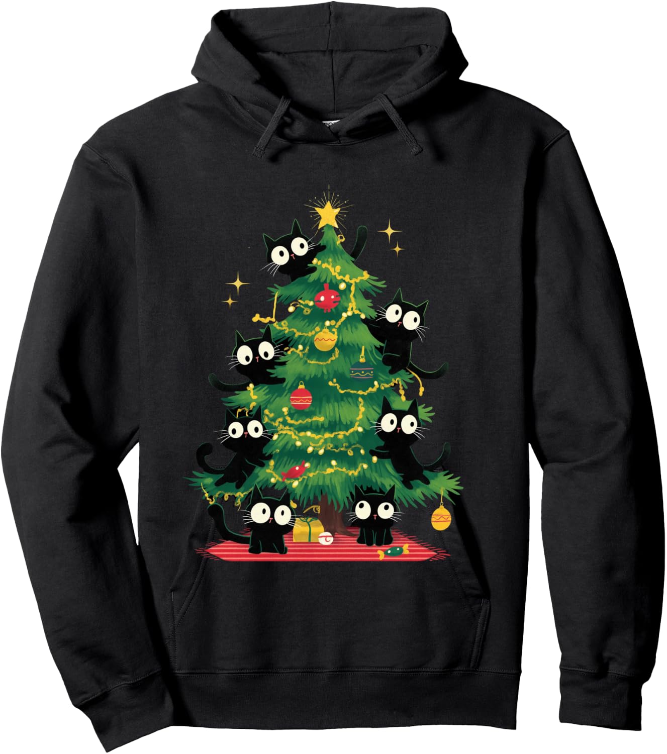 Arbre de Noël Amusant avec Chats Noirs pour Enfants, Hommes, Femmes, Nouvel an Manche Longue Hoodie - Hoodie | Black