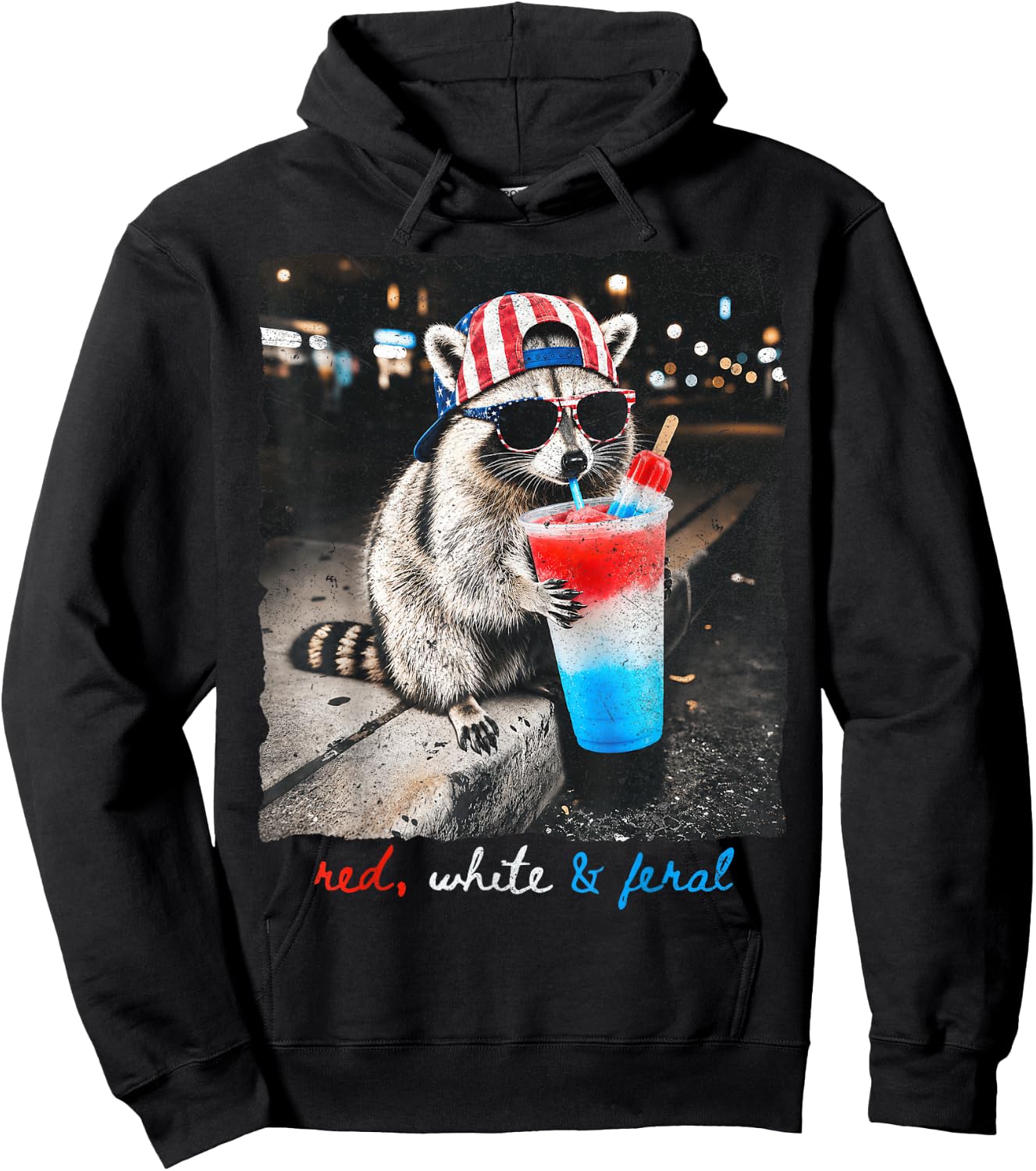 Red White & Feral Funny Raccoon Slushie Popsicle 4th July Hoodie - Hoodie | Black