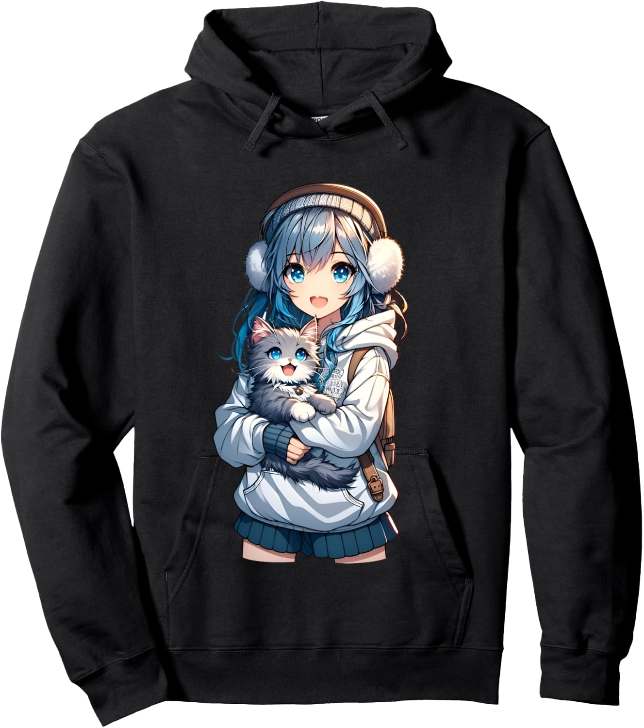 Cute Anime Girl with Cat for Cat Lover Kawaii Otaku Manga , Black, S Hoodie - Hoodie | Black