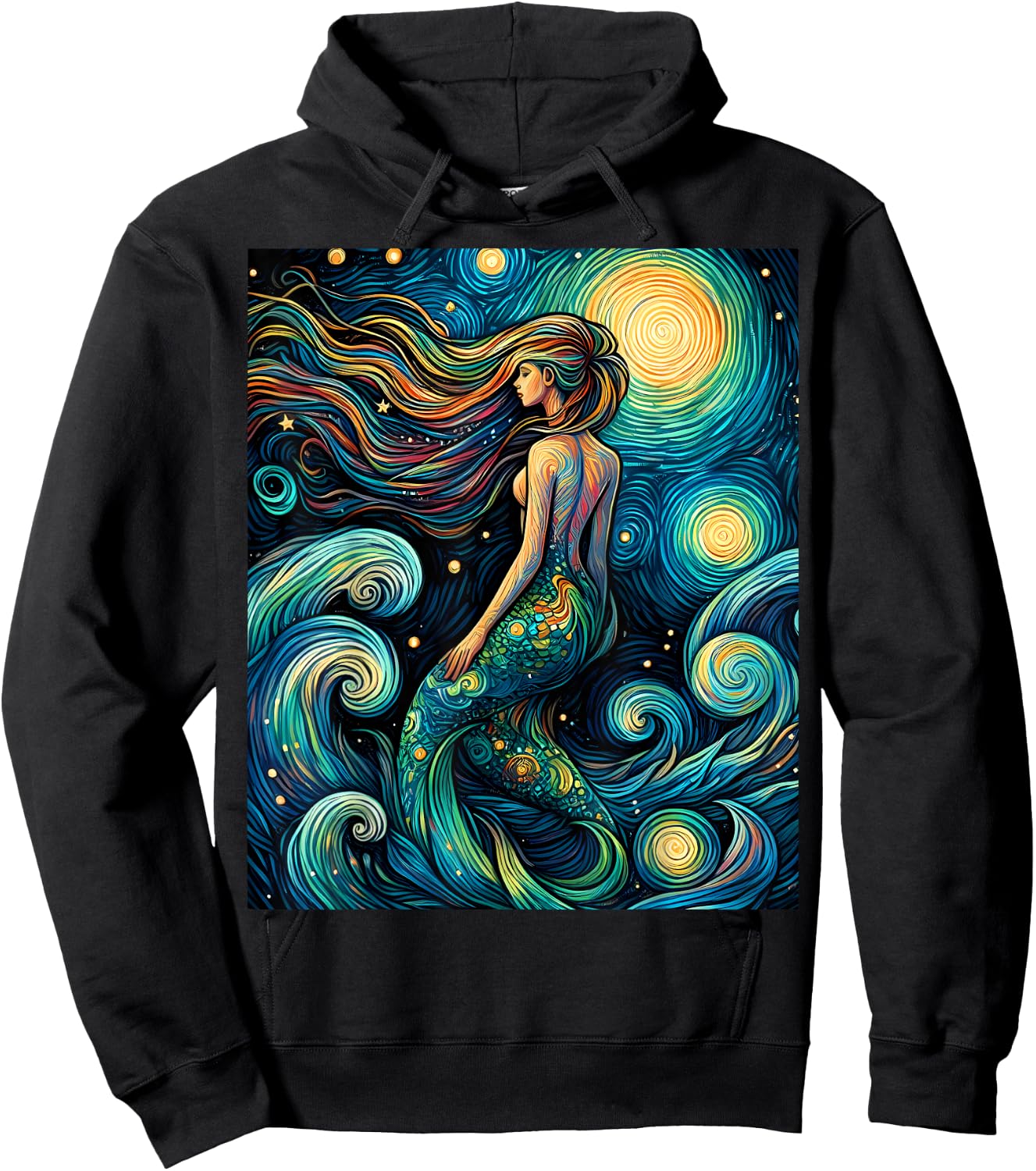 Mermaid Under Starry Night Sky Art Graphic Christmas Hoodie - Hoodie | Black
