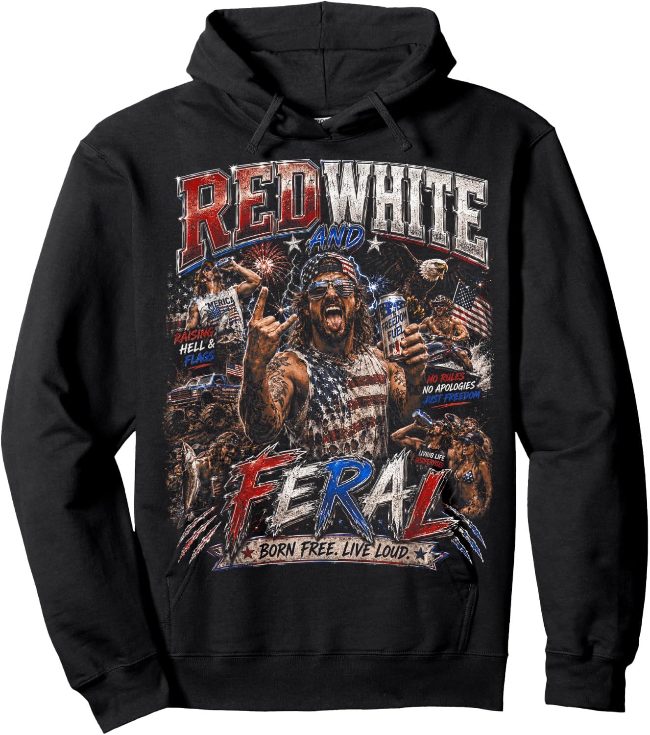 Red White and Feral Freedom US Flag American Bootleg Hoodie - Hoodie | Black