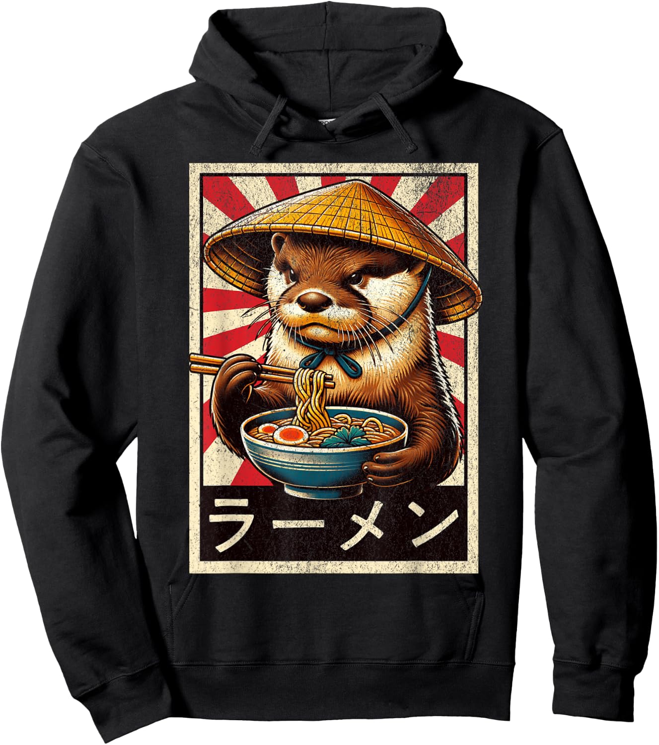Vintage Otter Eating Ramen. Funny Anime Otter Ramen Lover Hoodie - Hoodie | Black