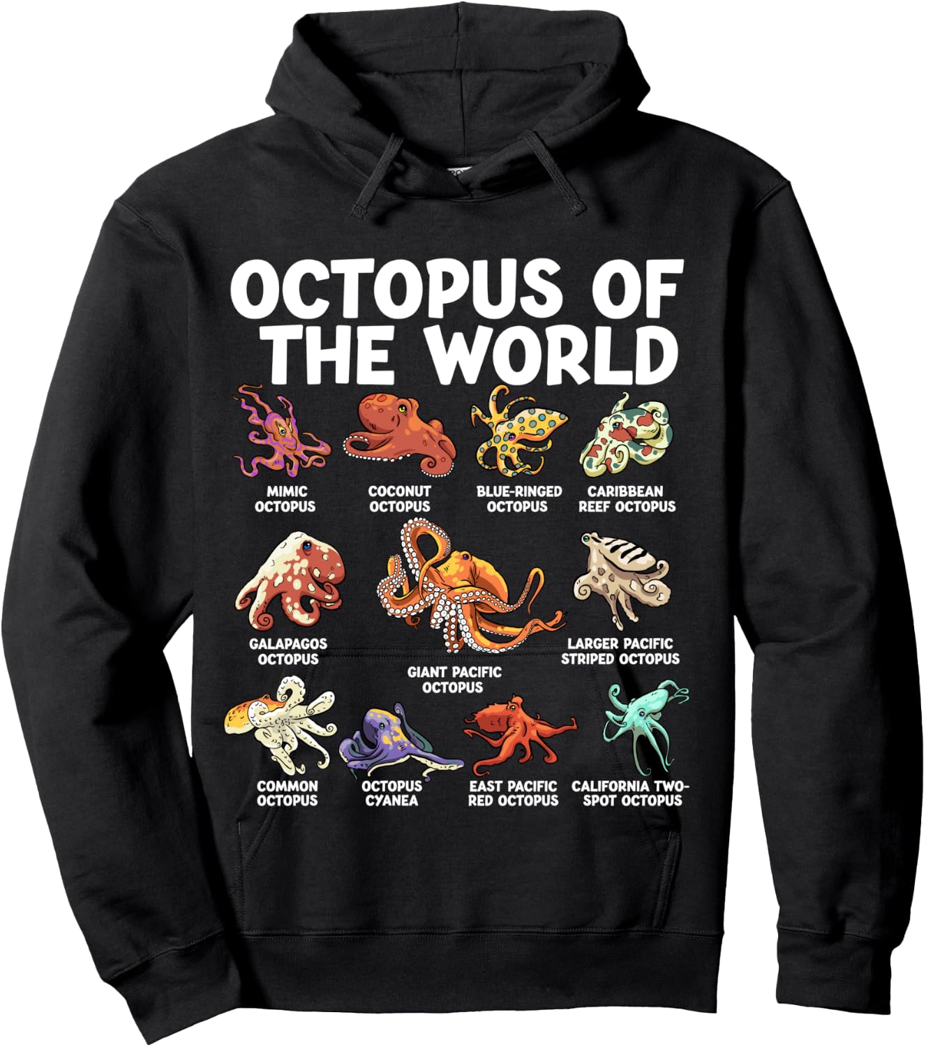 Octopus Of The World Kawaii Types Of Octopus Sea Animal Hoodie - Hoodie | Black
