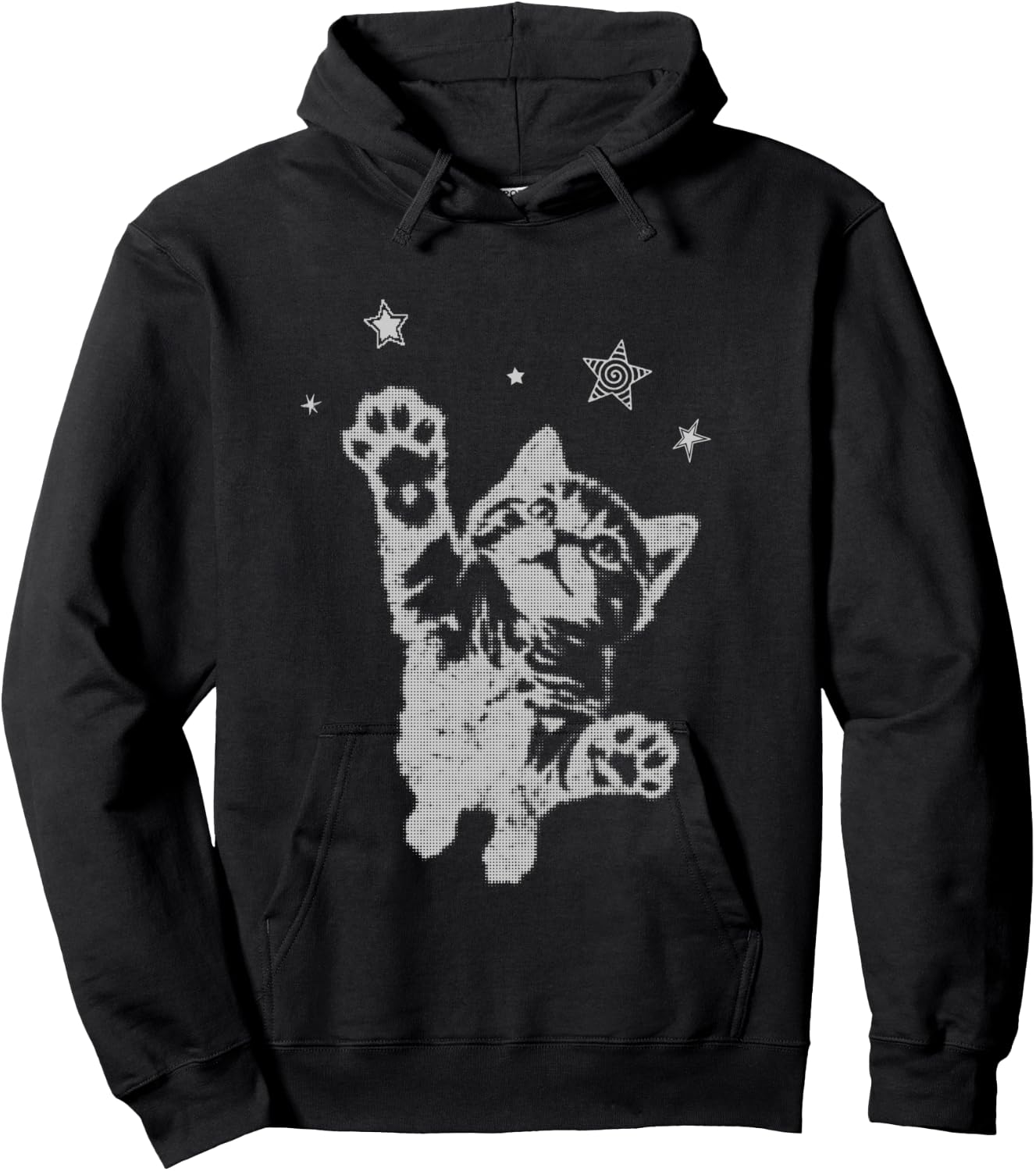Y2K Cat Jumping Stars Silly 90s 2000s Grunge Vintage Graphic Hoodie - Hoodie | Black