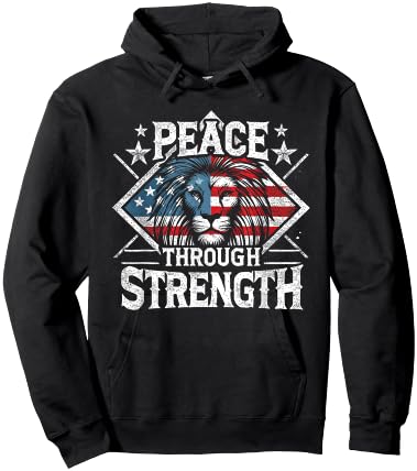 CharlIan Minds - USA Flag Peace Through Strength Lion Patriot -Adults Black Short Sleeve Modern Novelty Graphic Hoodie - Hoodie | Black