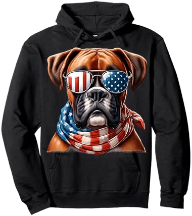 Boxer Dog USA Flag Sunglasses Patriotic Dog 4th of July Hoodie - Hoodie | Black