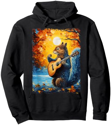 Van Gogh Starry Night Squirrel Playing Guitar Squirrel Lover Hoodie - Hoodie | Black