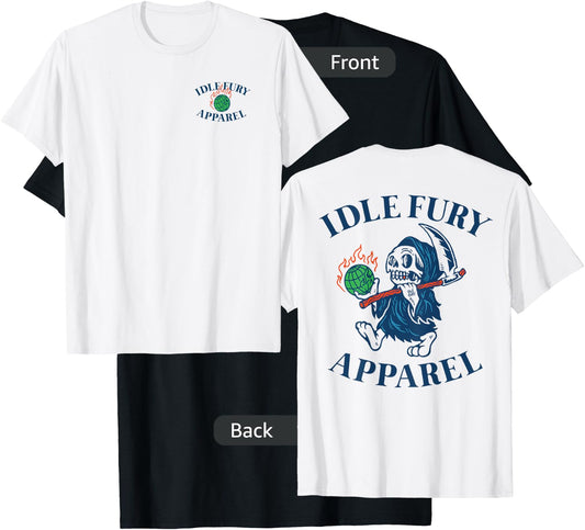 VIEW BACK PRINT Idle Fury Globe Reaper Skeleton Mascot Earth T-Shirt - T-Shirt | Black