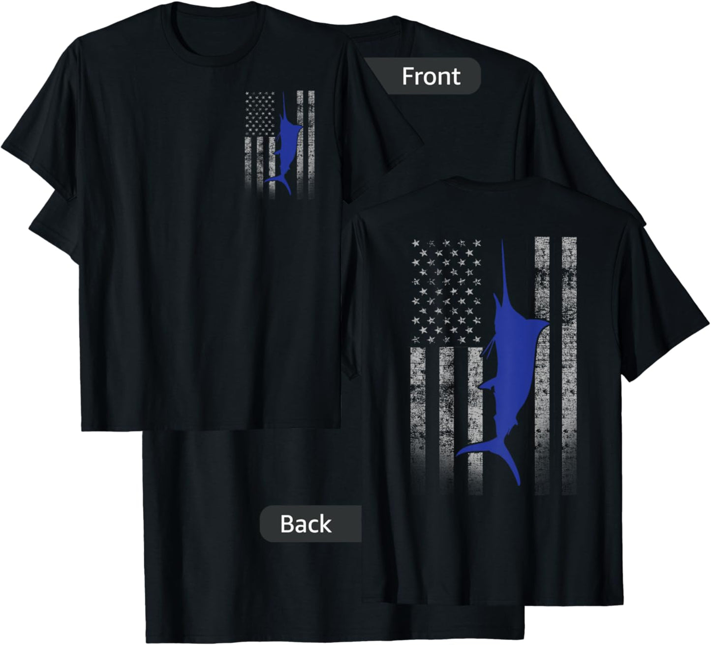Two-Sided Marlin Flag Shirt - Blue Marlin on US Flag T-Shirt - T-Shirt | Black