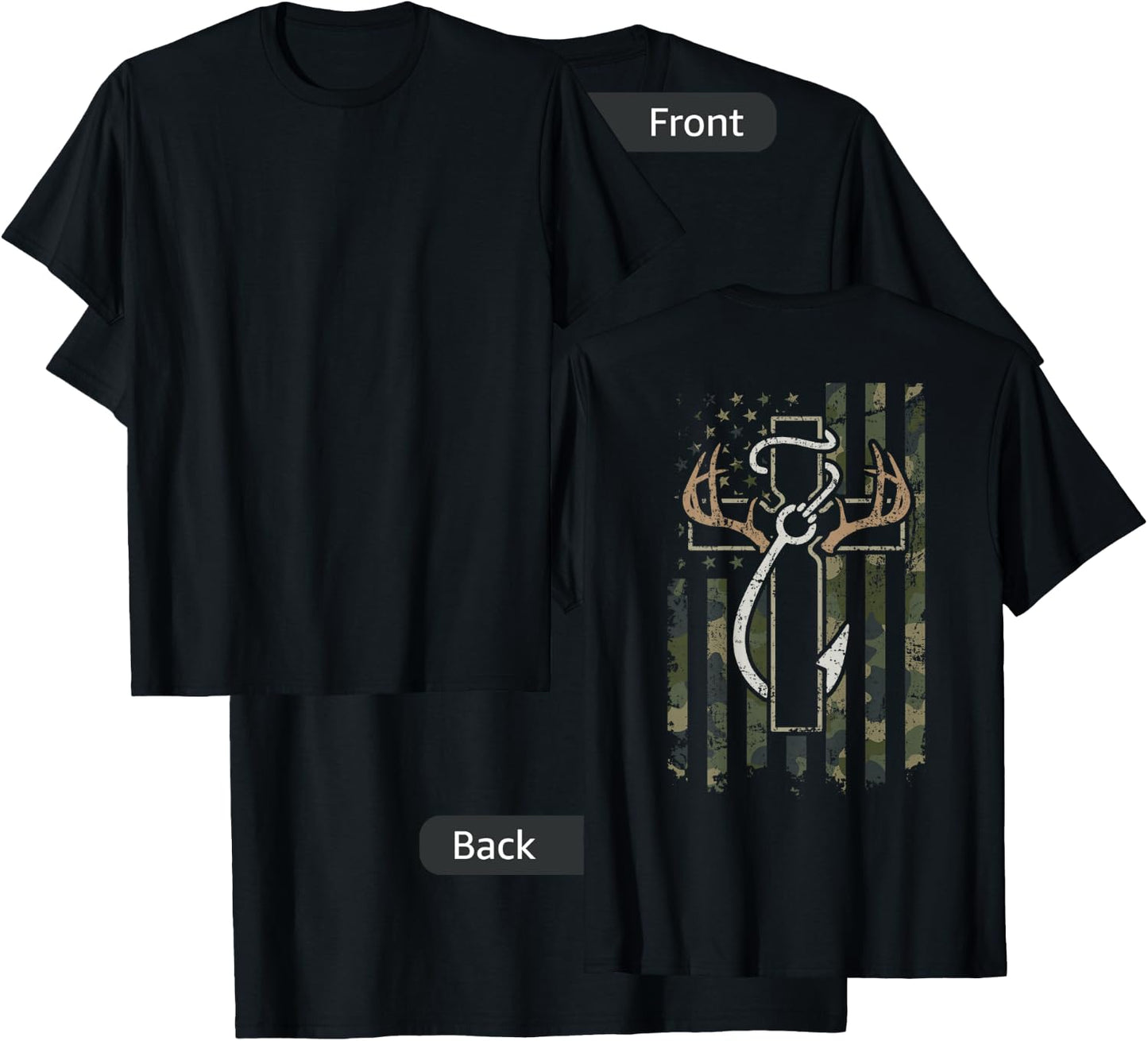Hunting Fishing Faith - Hunter Fisherman Camo USA - ON Back T-Shirt - T-Shirt | Black