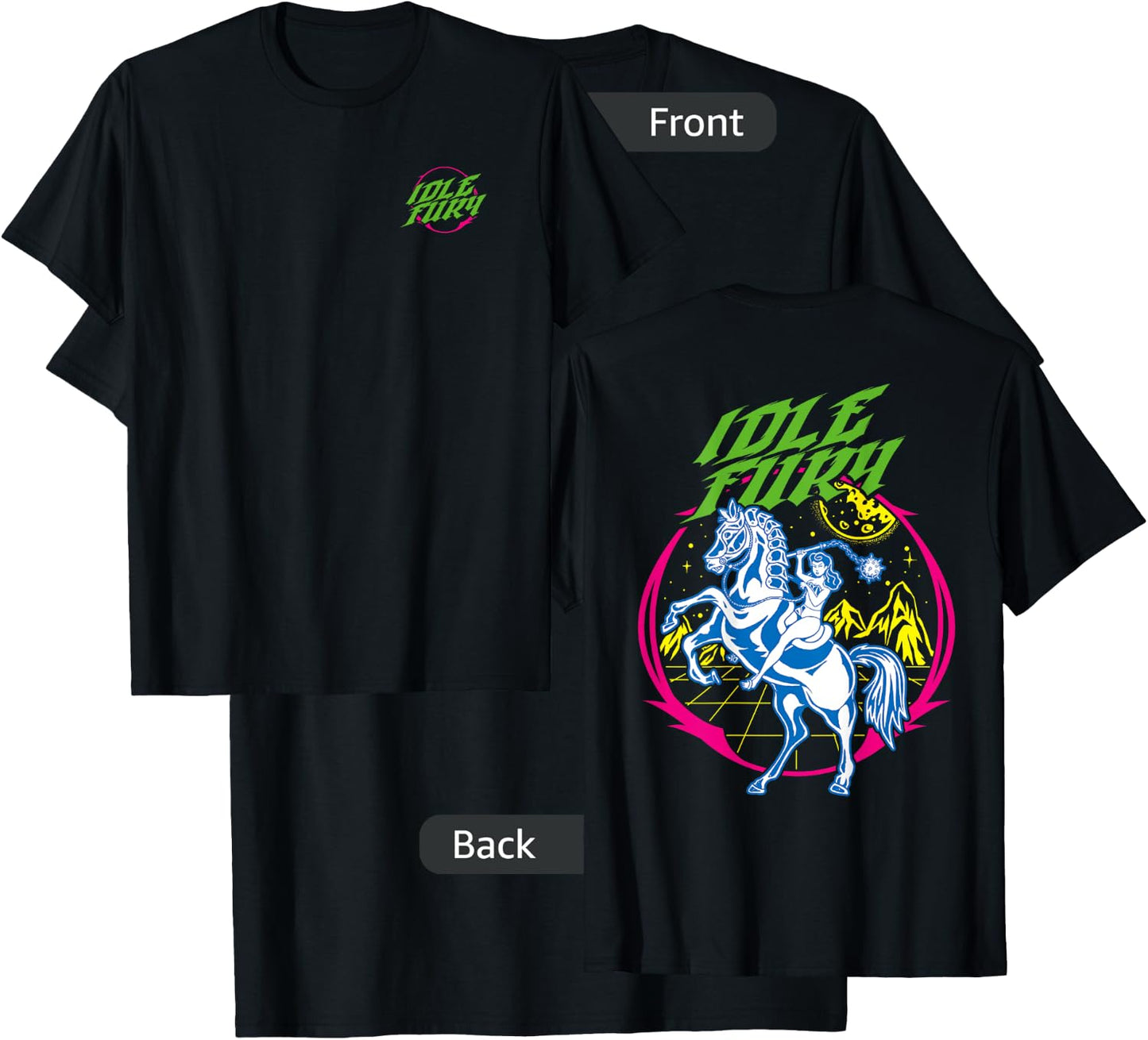 VIEW BACK PRINT Idle Fury Cyber Warrior Woman Battle Horse T-Shirt - T-Shirt | Black